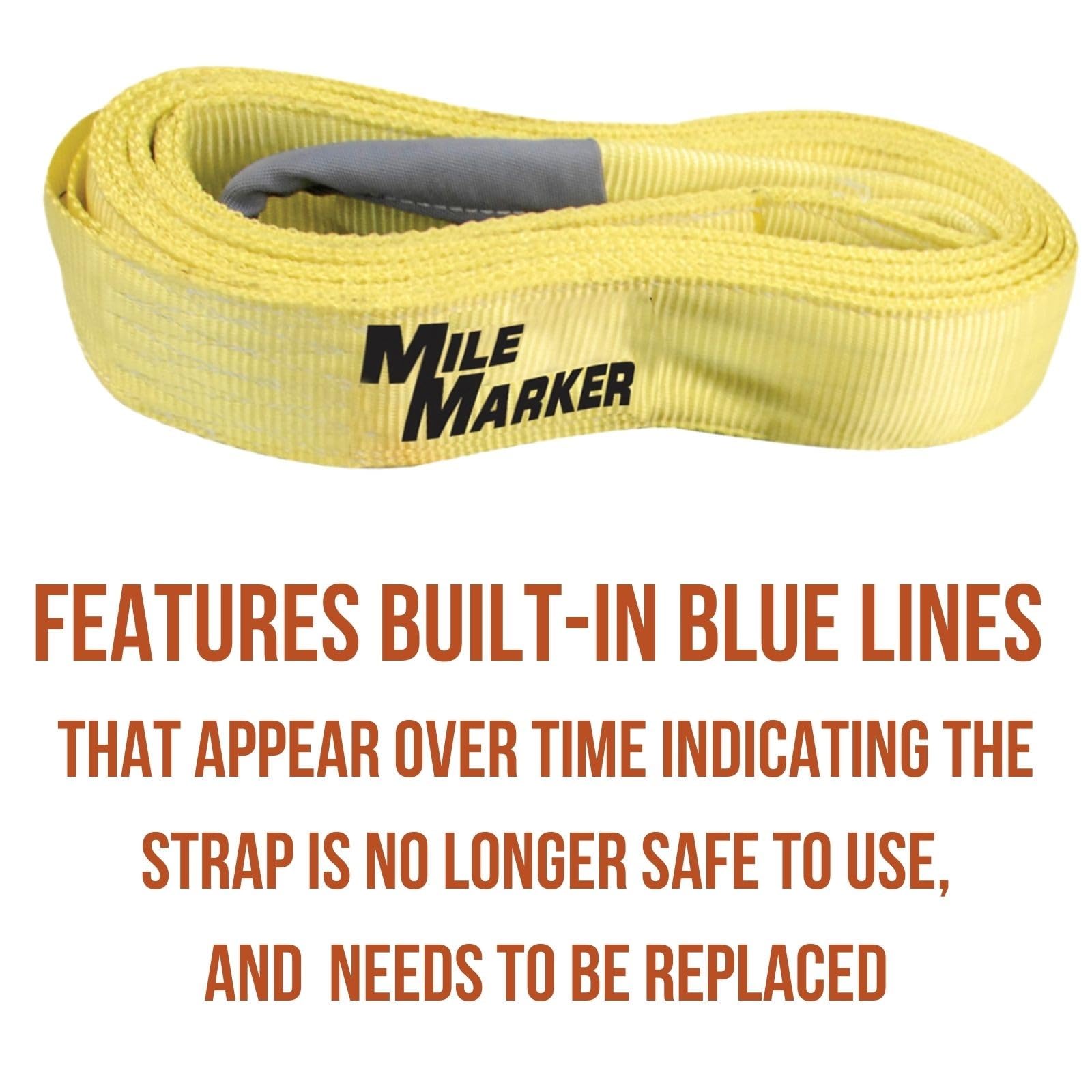 Mile Marker 19315 Single Yellow 3'' X 15' Recovery Strap For Heavy Duty Use - Rated To 30,000 Pound Capacity - Ensures User Safe