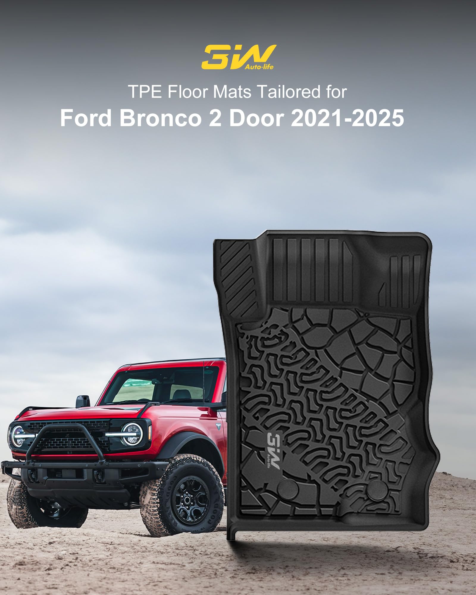3W Floor Mats & Cargo Liner Fit For 2021 2022 2023 2024 2025 Ford Bronco 2 Door All Weather Tpe Car Accessories Custom Fit Floor