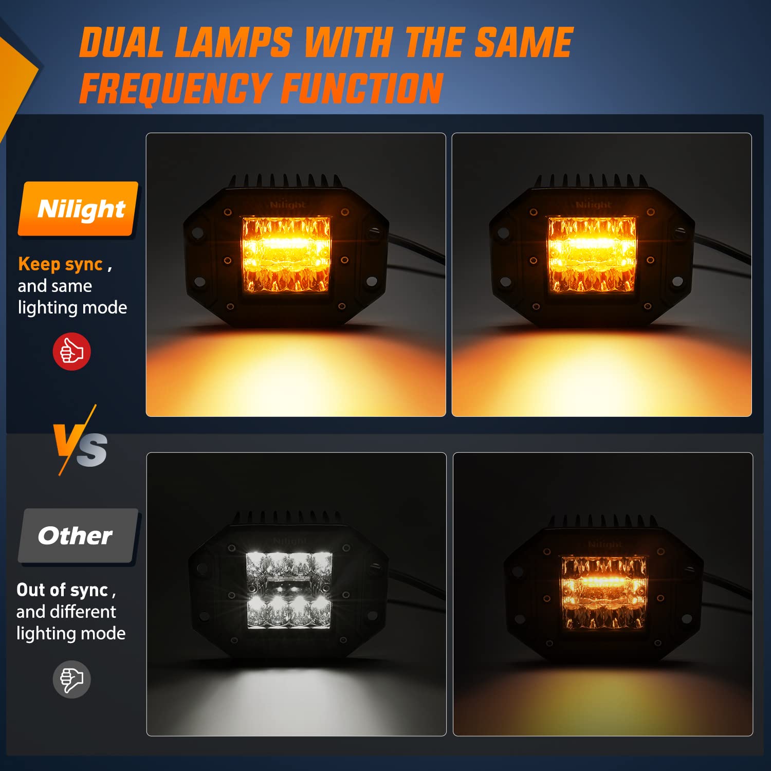 Nilight 2Pcs 42W Light Pods Flush Mount Spot Flood Amber White Strobe 6 Modes Memory Function Off-Road Truck Car Atv Suv Cabin B