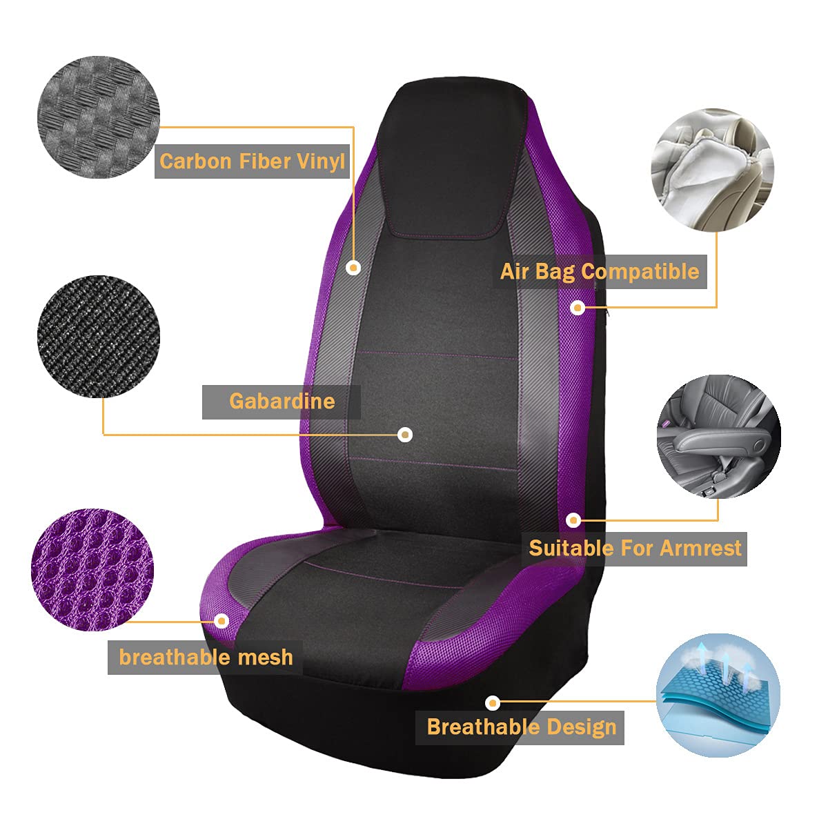 Flying Banner Car Seat Covers Quality Carbon Fiber Faux Leather Mesh Fabric Sport Low High Back Bucket Back Pocket Arm Rest Car Suv Truck Pick Up (2 Fronts - High Bucket, Purple)