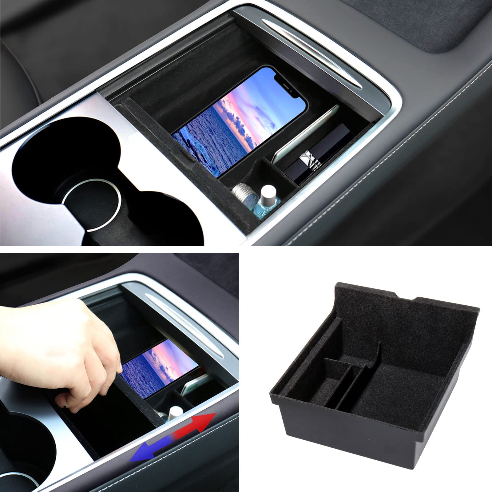 Neepiar 4Pcs Center Console Organizer Compatible With 2023 2022 2021 Tesla Model 3 2021-2024 Model Y Armrest Hidden Cubby Drawer