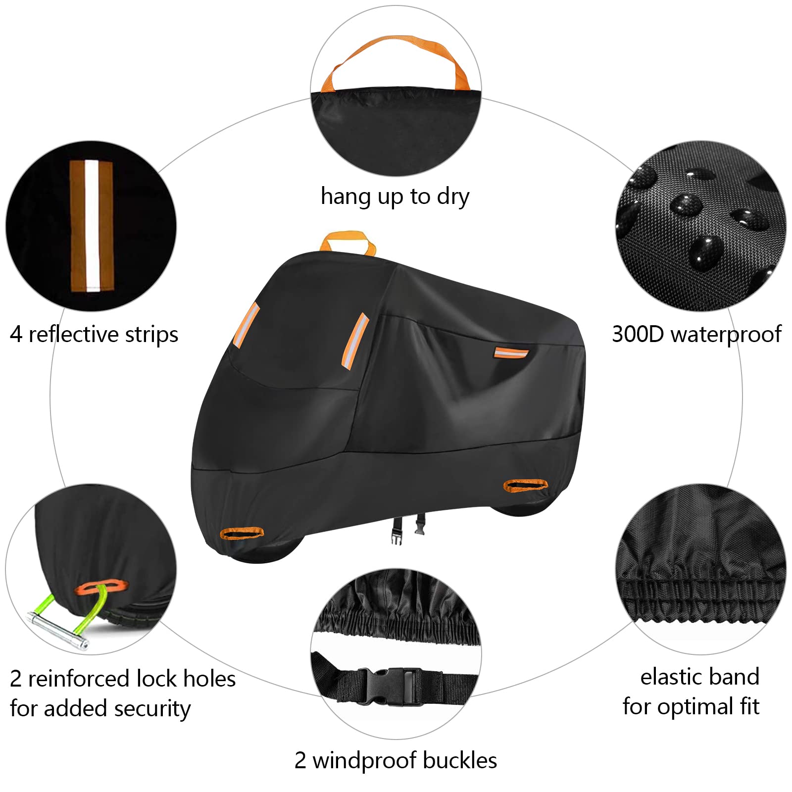 300D Heavy Duty Motorcycle Cover, Seceles All Season Durable Waterproof Outdoor Protection Scooter Cover With 4 Reflective Strips Lock-Hole Storage Bag Fits Up To 104" Yamaha Honda Harley Suzuki(Xxxl)
