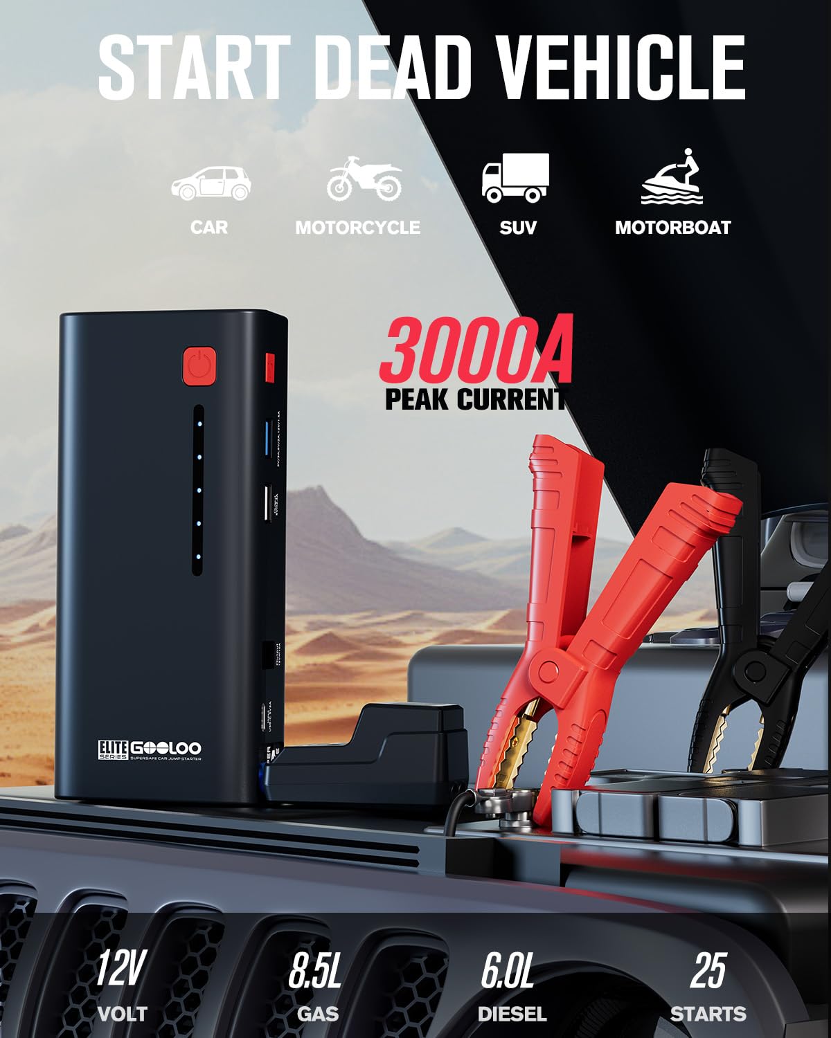 Gooloo Jump Starter 3000A Peak Car Jumper Starter 12V Supersafe Lithium Jump Box, Battery Booster Pack, Portable Car Battery Cha