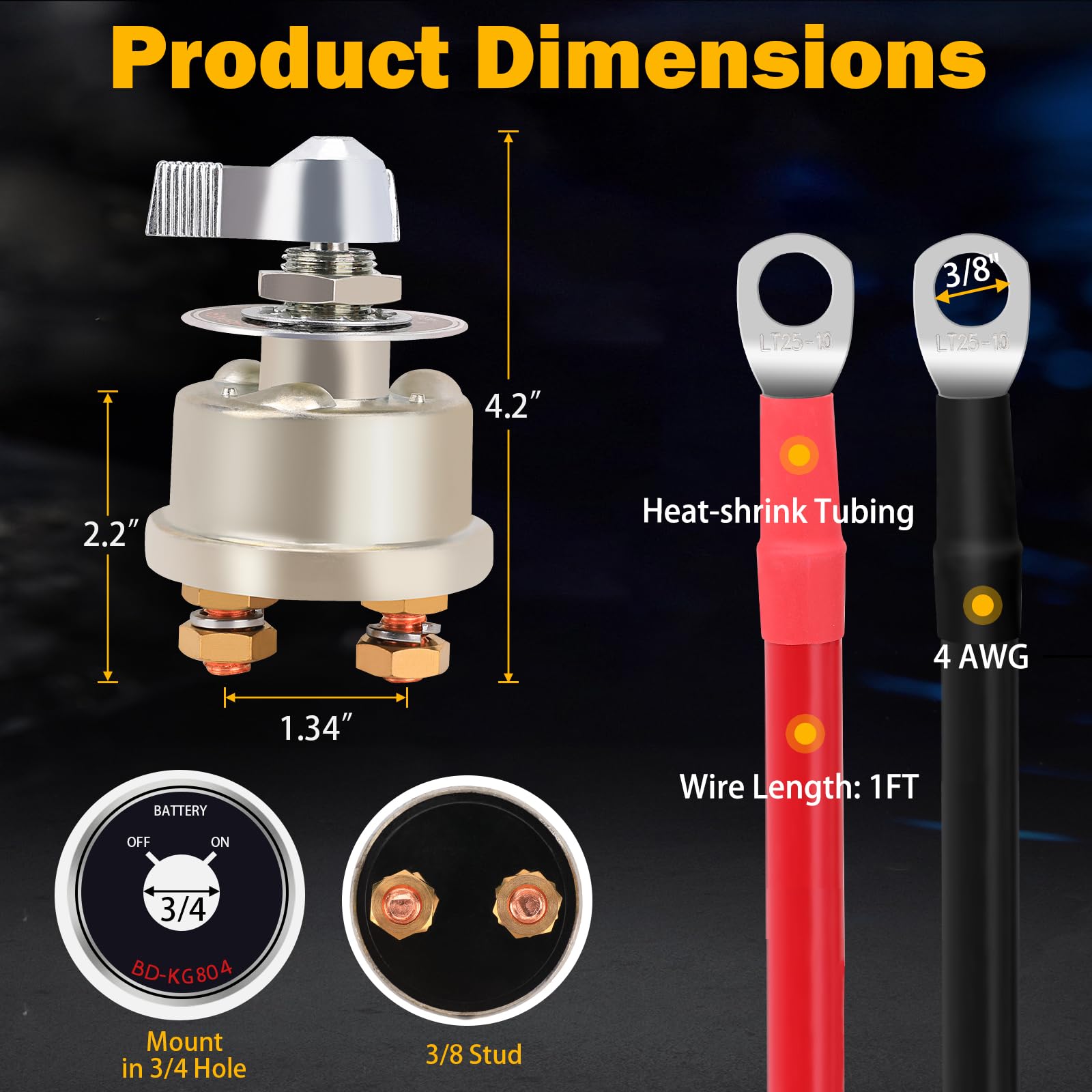 12-48V 200A Master Battery Disconnect Switch & 4 Awg 1Ft Battery Cables Set, High Current Battery Power Cutoff Killer Switch For