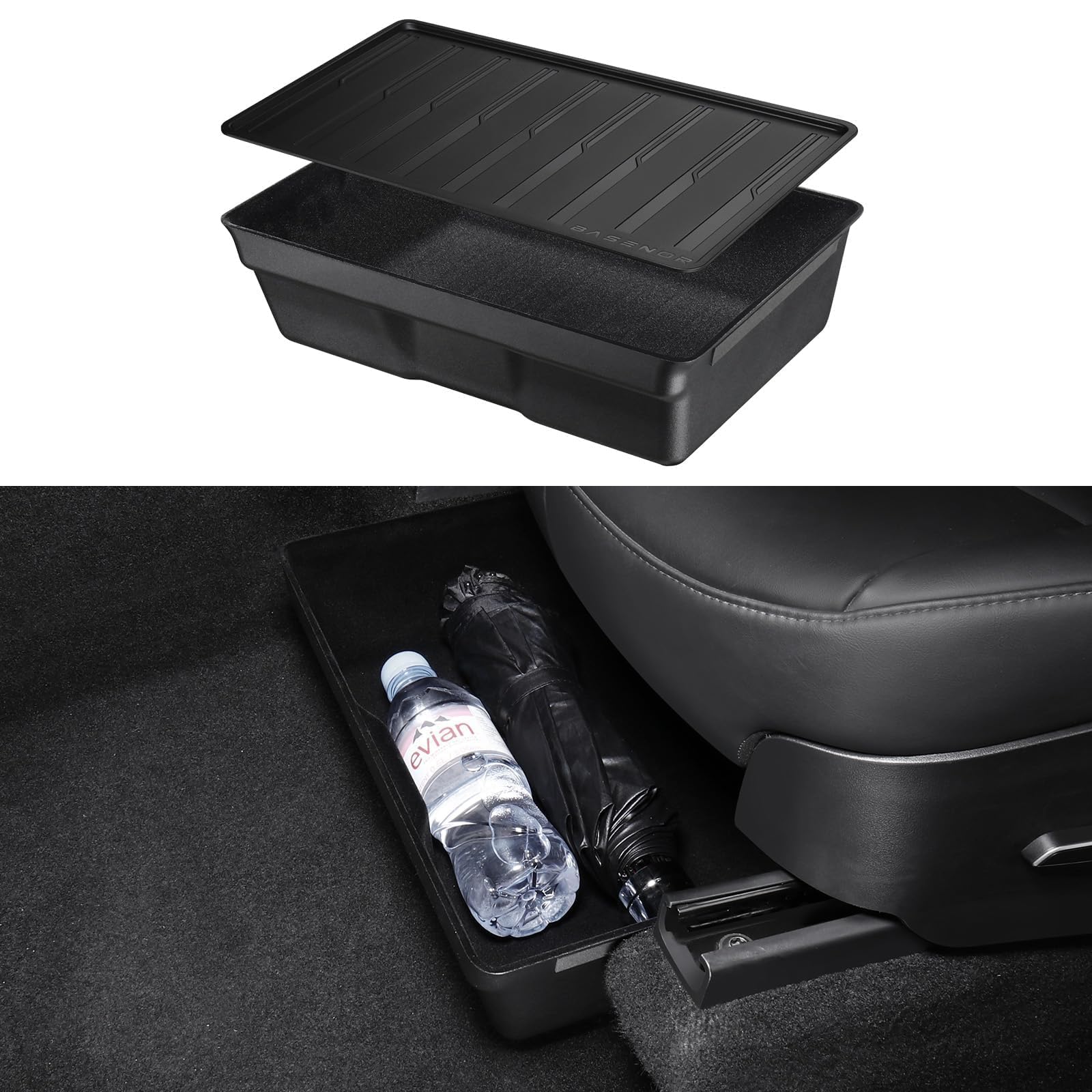 Basenor Upagreted Tesla Model Y Under Seat Storage Box, Waterproof Hidden Organizer Tray Underseat Bins With Lid Cover Storage A