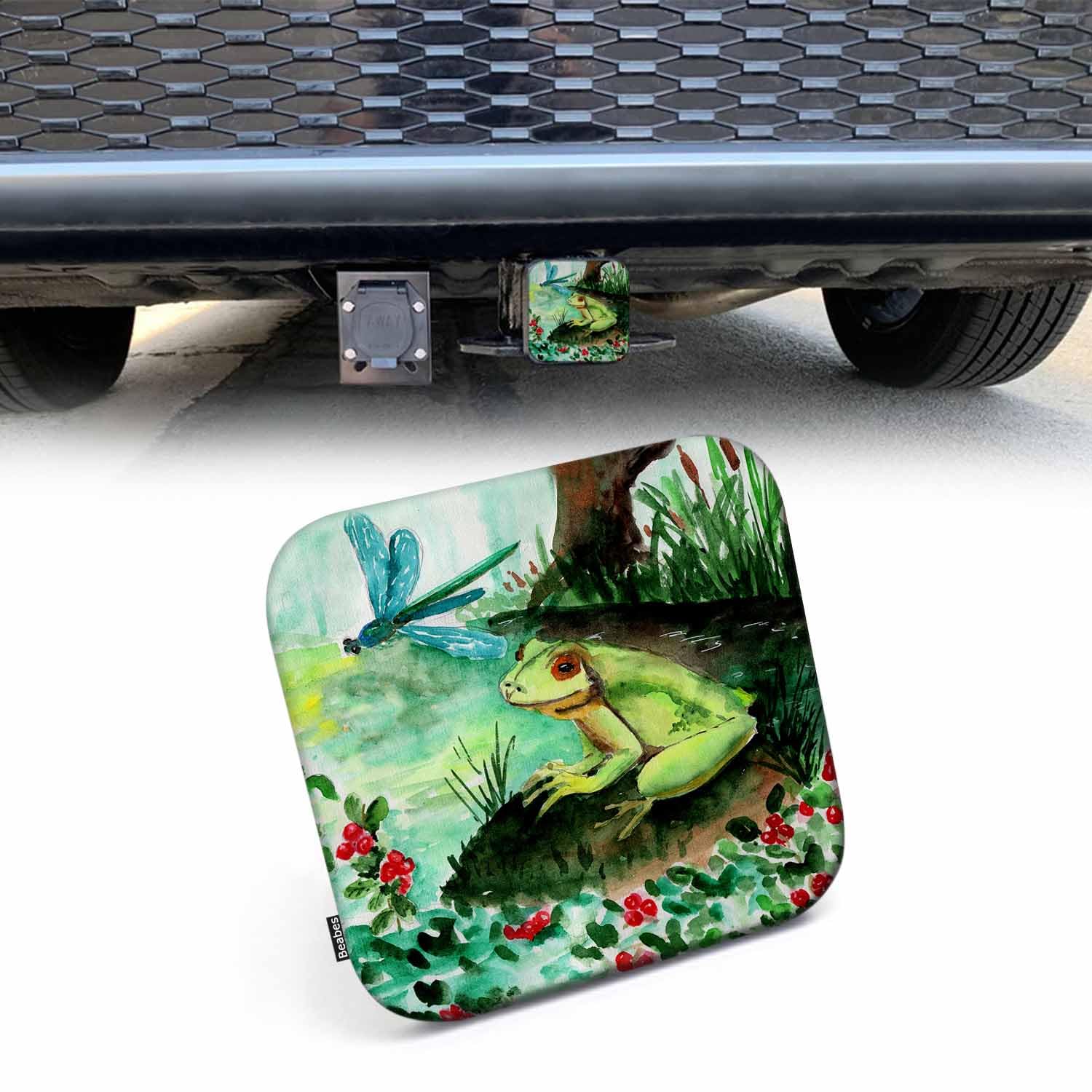 Beabes Frog Receiver Hitch Tube Cover Cute Frog Dragonfly Flower Pond Car Rear Trailer Hitch Covers, Anti-Loss Rubber Hitch Cove