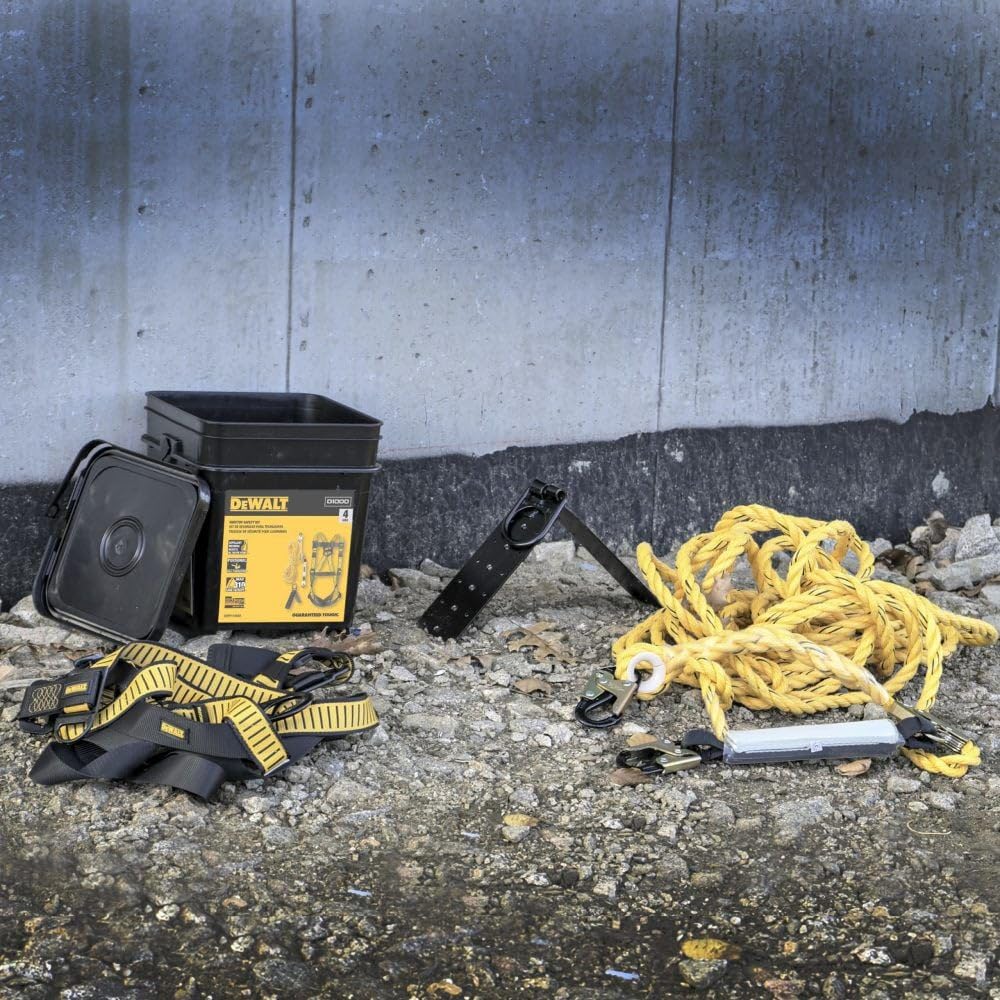 DEWALT Rooftop safety kit with D1000 harness with Pass-Thru Chest and Tongue Buckle Legs, 50' vertical lifeline w/rope adjustor