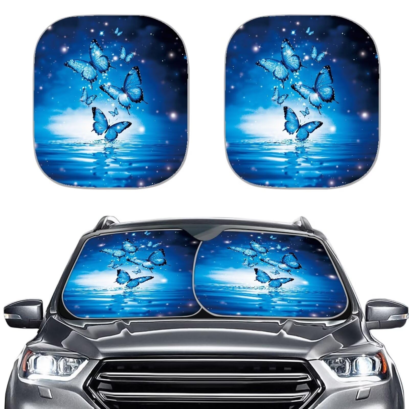 Renewold Windshield Sun Shade 2 Piece Foldable Car Front Window Sunshade For Most Sedans Suv Van Truck Blue Butterflies Fashion