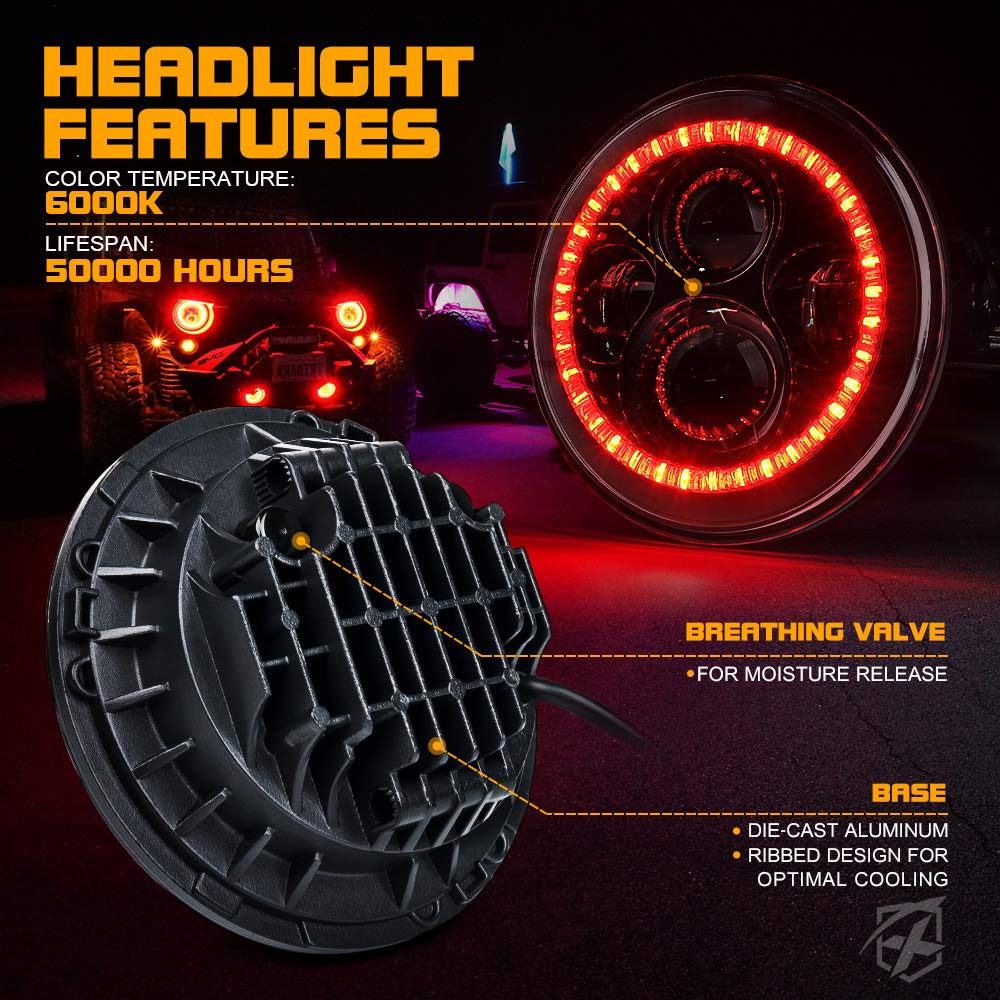 Xprite 7'' 90W Led Headlights & 4 Inch 60W Fog Lights Combo W/Red Halo Compatible With 2007-2018 Jeep Wrangler Jk, Dot Approved