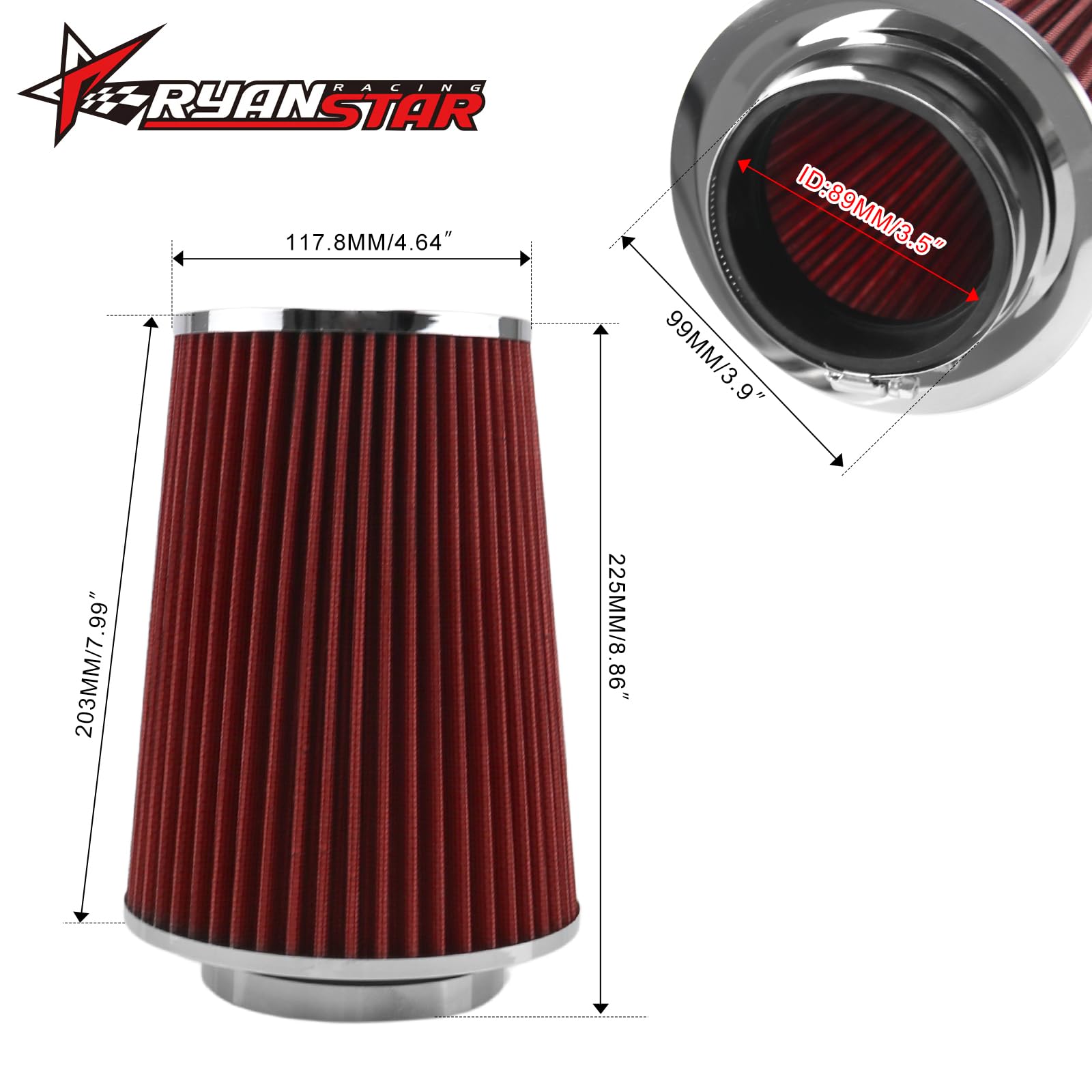 RYANSTAR RACING 89mm 3.5'' High Flow Round Tapered Cone Closed-Top Washable Clamp-On Dry Air Filter Compatible with Truck