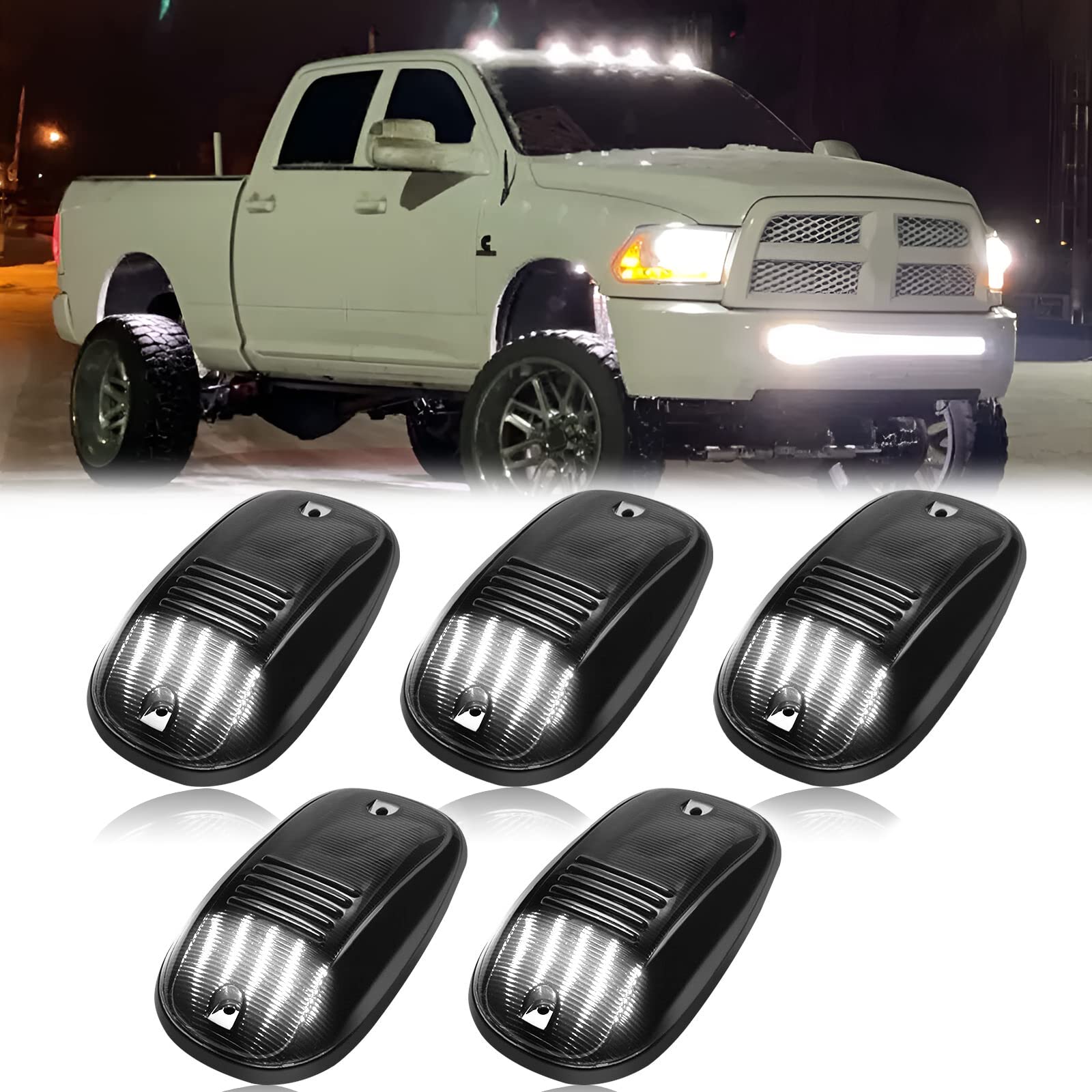 R&F Auto Led Cab Lights 5Pcs Smoked Cab Roof Marker Lights Compatible With Ram 1500 2500 3500 (2003-2018) Pickup Trucks Roof Run