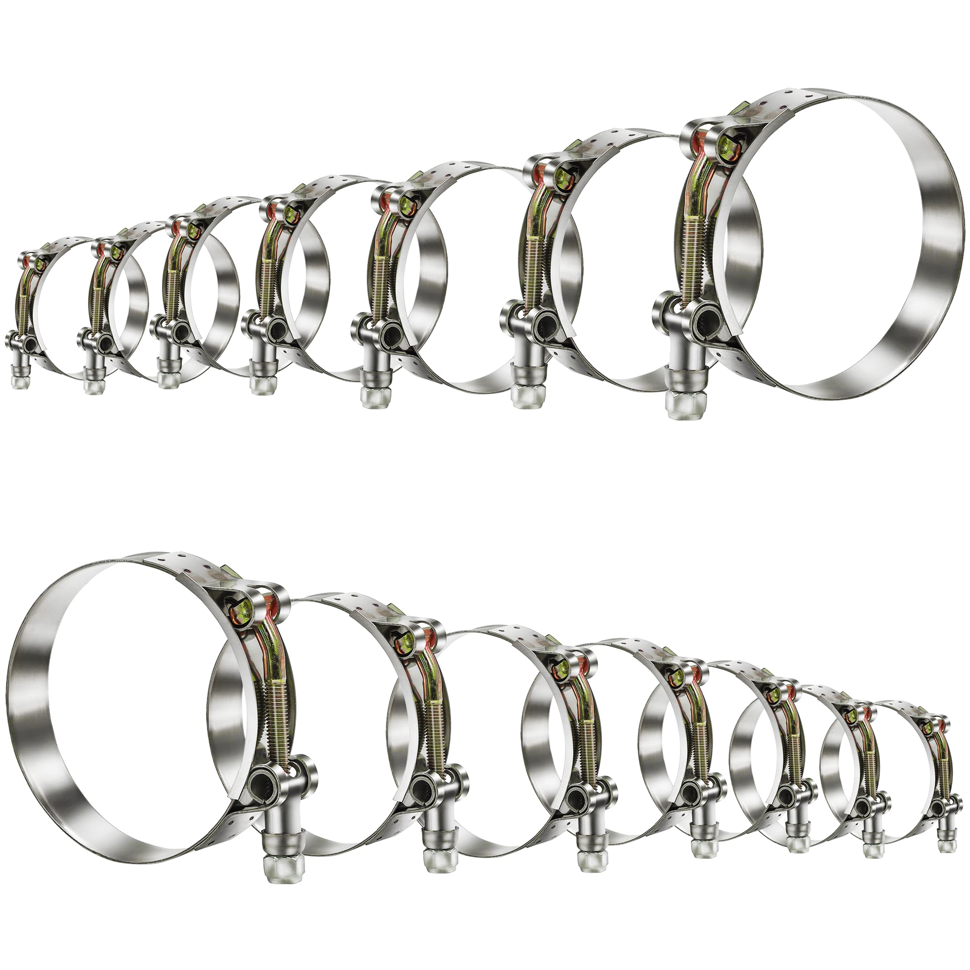 Wysiwyka 14 Pcs 7 Sizes T-Bolt Hose Clamps, 304 Stainless Steel Turbo Intake Intercooler Clamp,Working Range 32-91Mm For 1-3'' H