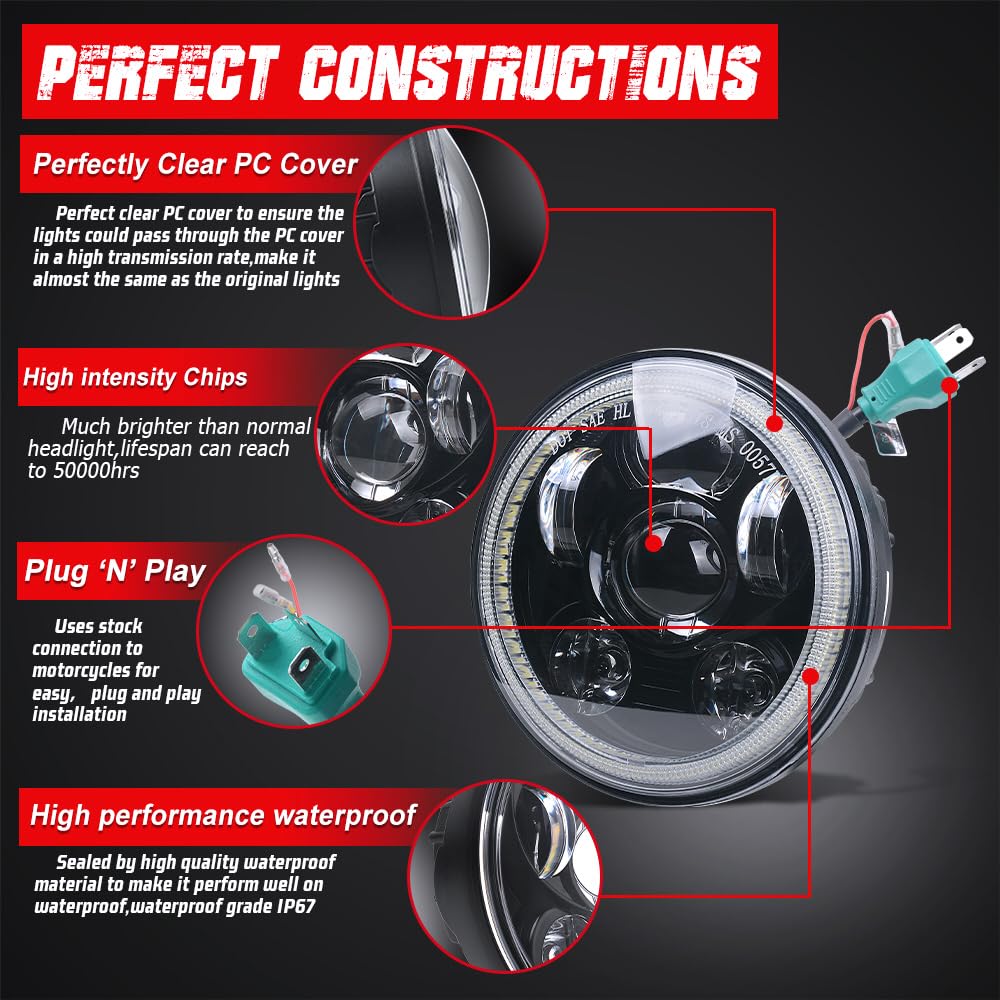 Tugwuetlwu 5.75 In Motorcycle Headlight For Harley Davidson 5 3/4 Sportster Dyna Softail Iron 883 Etc Accessories (Black-Halo)