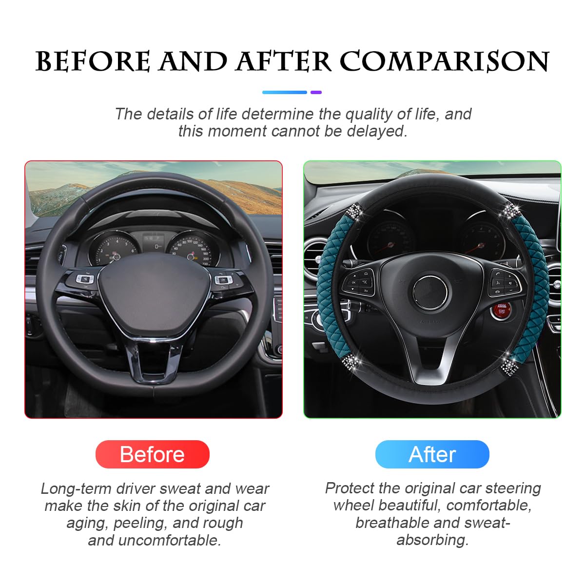 Fekey&Jf Bling Soft Leather Steering Wheel Cover, 15 Inch Colorful Rhinestones Auto Elastic Steering Wheel Protector, Sparkly Cr