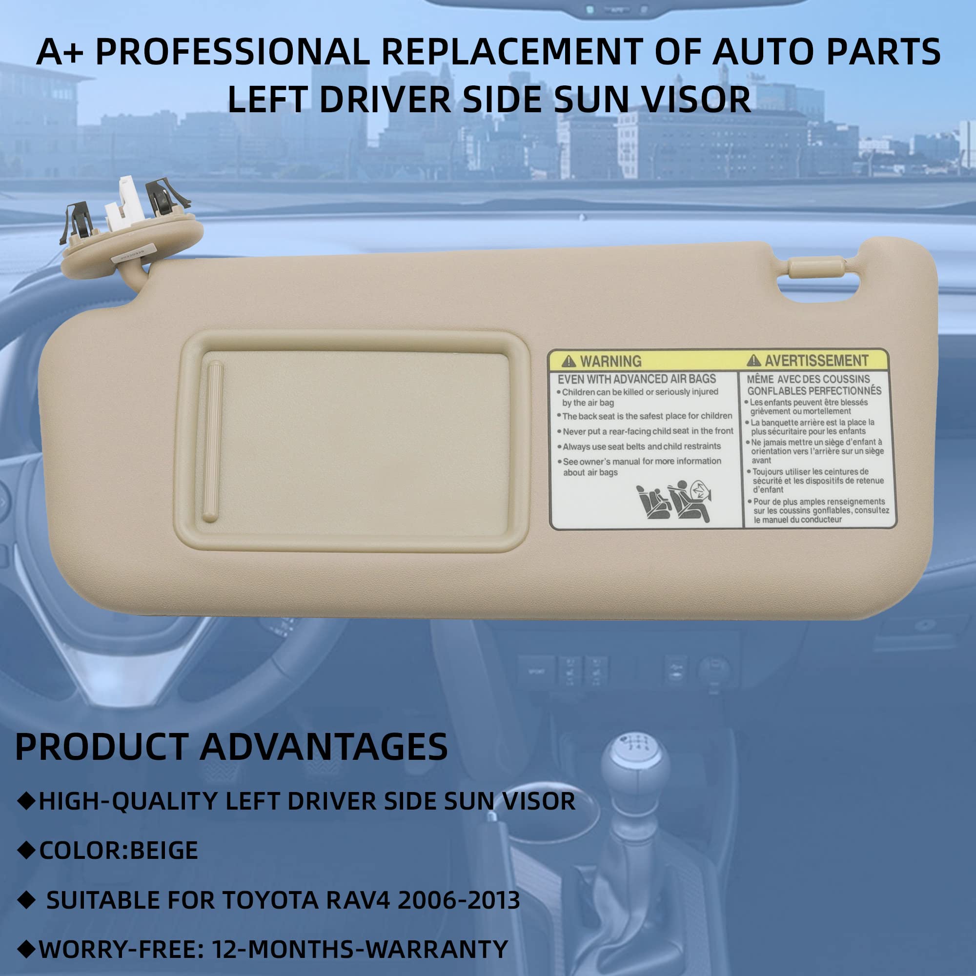 Dasbecan Front Left Driver Side Sun Visor With Vanity Light Compatible With Toyota Rav4 2006-2013 Replace 74320-42501-B3 (Beige)