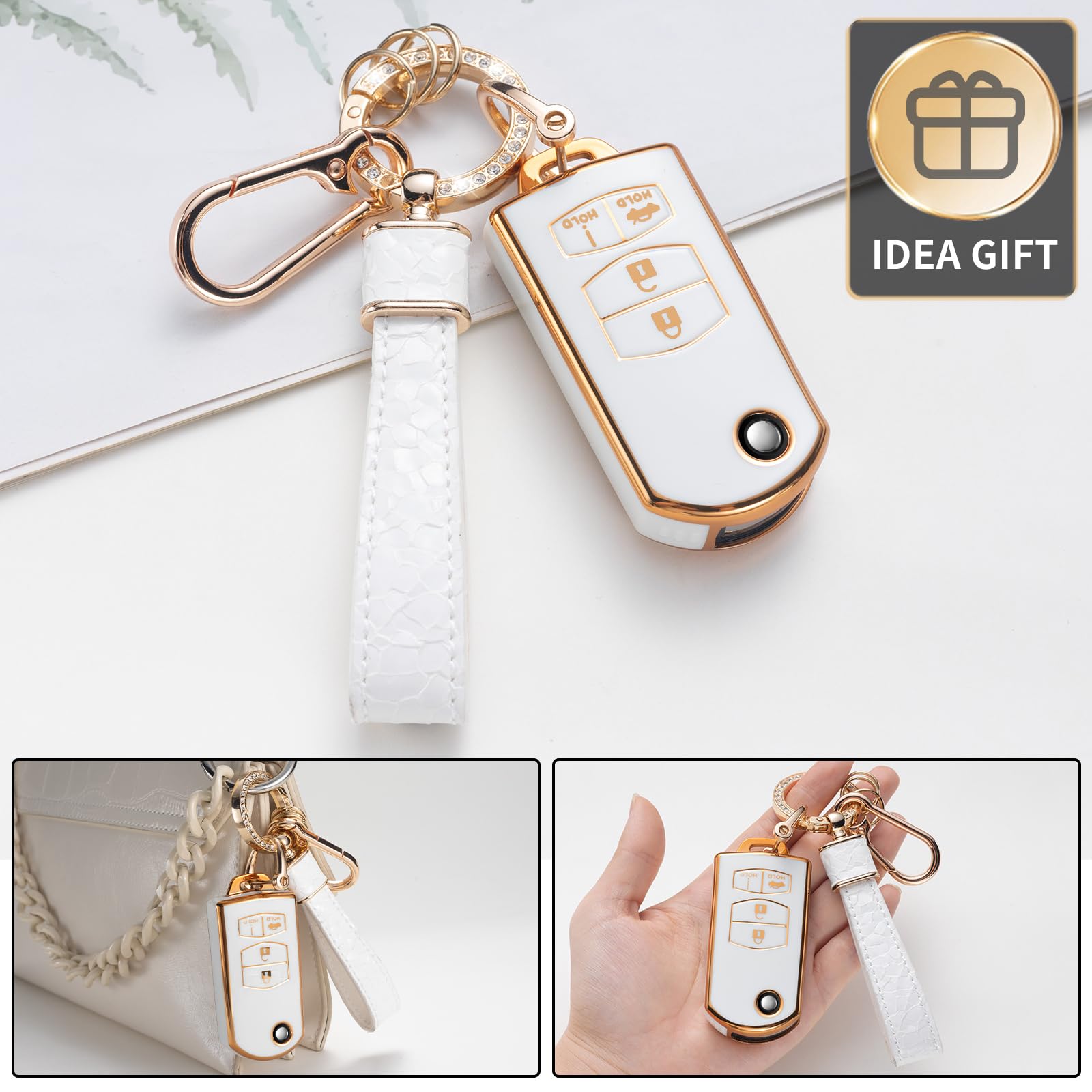 Cacarlike For Mazda Key Fob Cover With Mazda Keychain, Car Key Fob Case Compatible With Mazda 3 6 8 Miata Mx-5 Cx-3 Cx-5 Cx-7 Cx