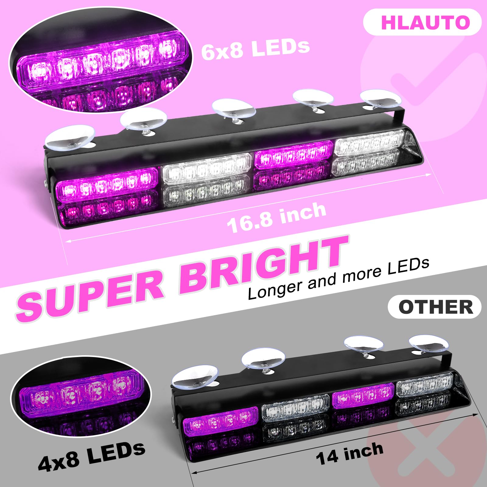 Hlauto 6Z4J Emergency Dash Strobe Lights: 2X16.8 Inch Purple White Safety Lights, 48 Led Flashing Warning Hazard Interior Windsh