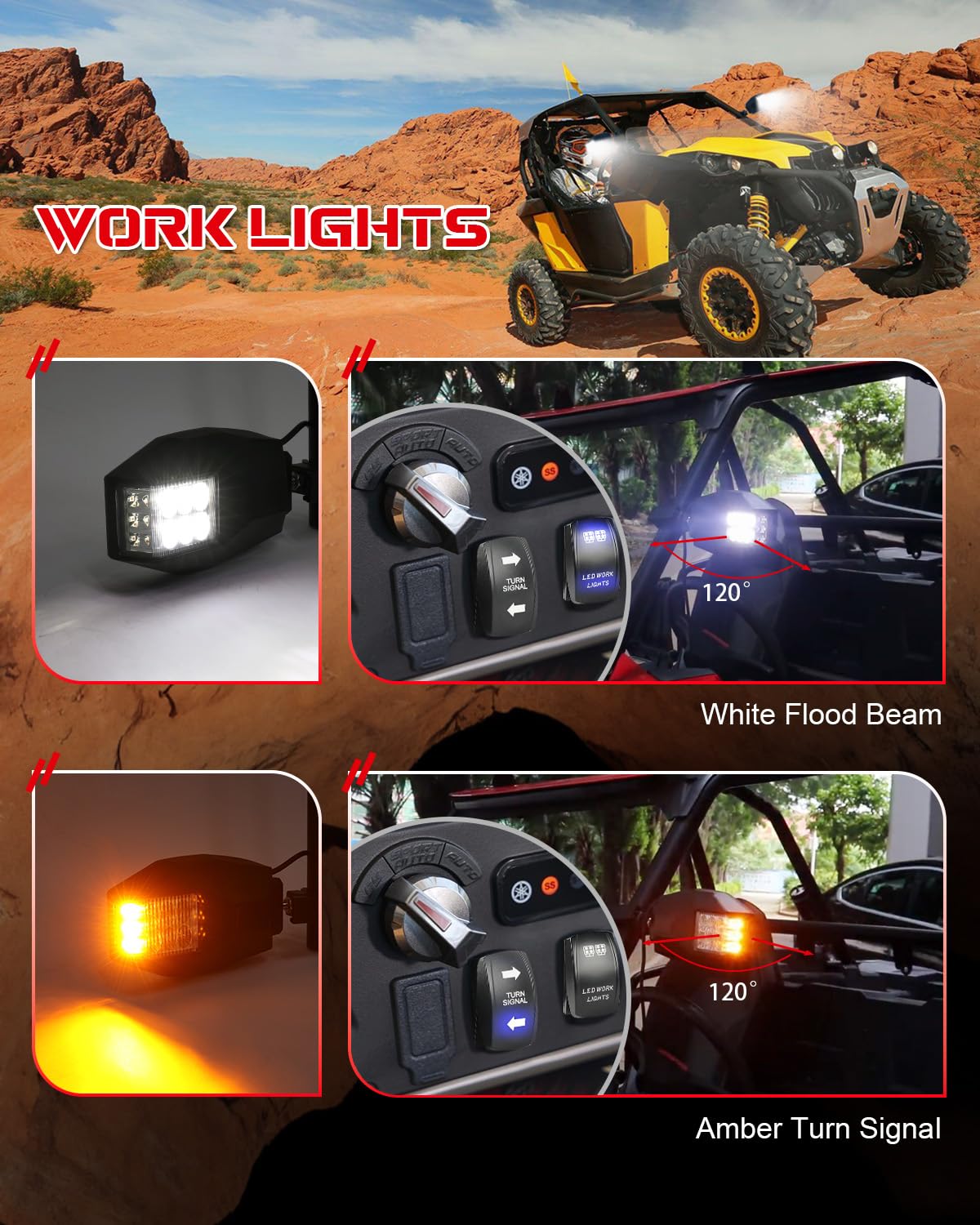 Braveway Side View Mirrors With Turn Signal + Work Lights Flood Beam For Atv Utv 1.75'-2', Compatible With Pioneer Polaris Rzr Side By Side Can Am X3 Kawasaki Teryx Mule Yamaha Rhino Wolverine