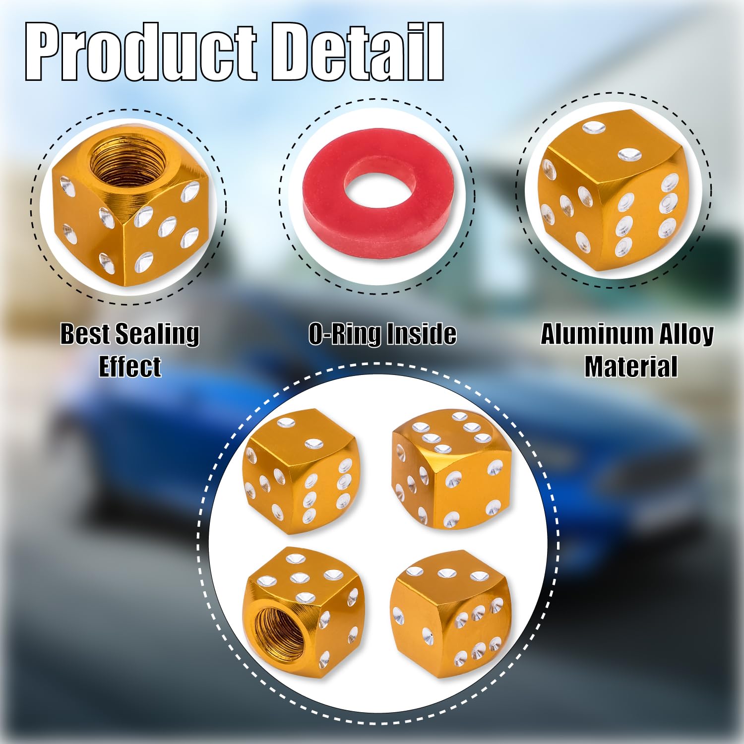 Meajoo 4Pcs Dice Style Tire Valve Stem Caps, With O Rubber Ring, Universal Aluminium Alloy Dustproof Tire Valve Stem Covers For
