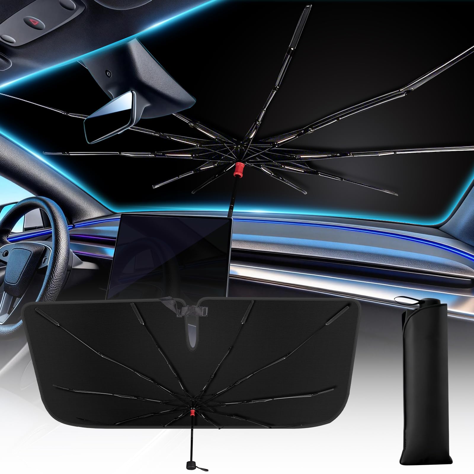 Windshield Sun Shade Umbrella for Car, Foldable Front Window Sunshade with UV Block & Heat Reduction, Reinforced Frame, Easy Ins