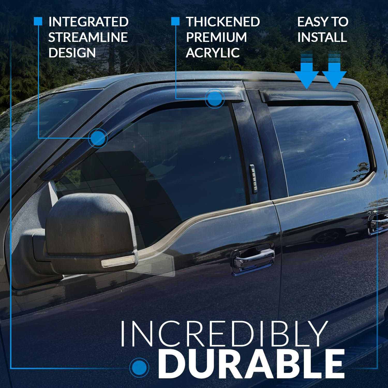 TuningPros WV-836B Window Visor Deflector Rain Guard Dark Smoke 4-pc Set