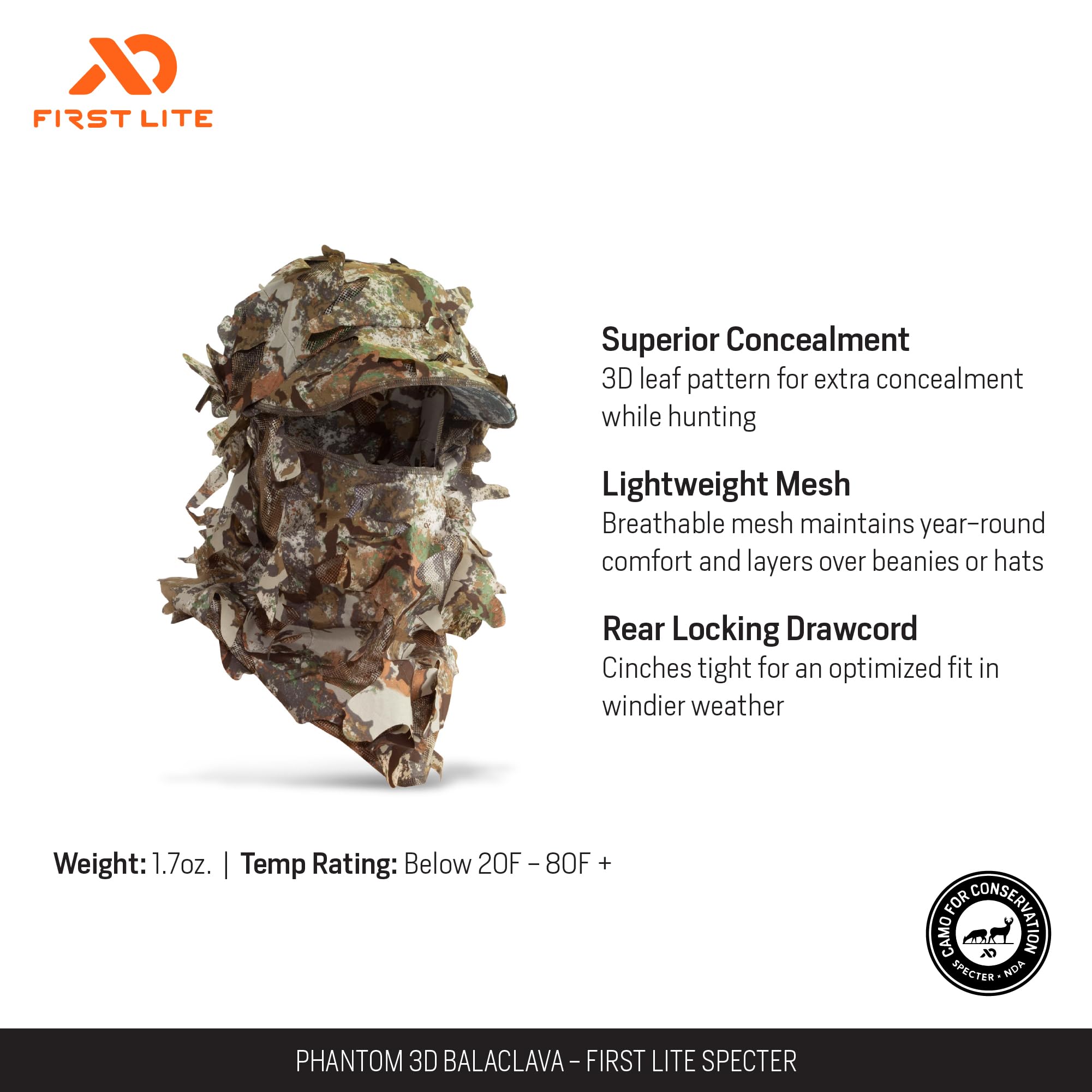 First Lite Phantom 3D Balaclava - Ultralight Mesh Camo Hunting Face Mask - First Lite Specter - One Size