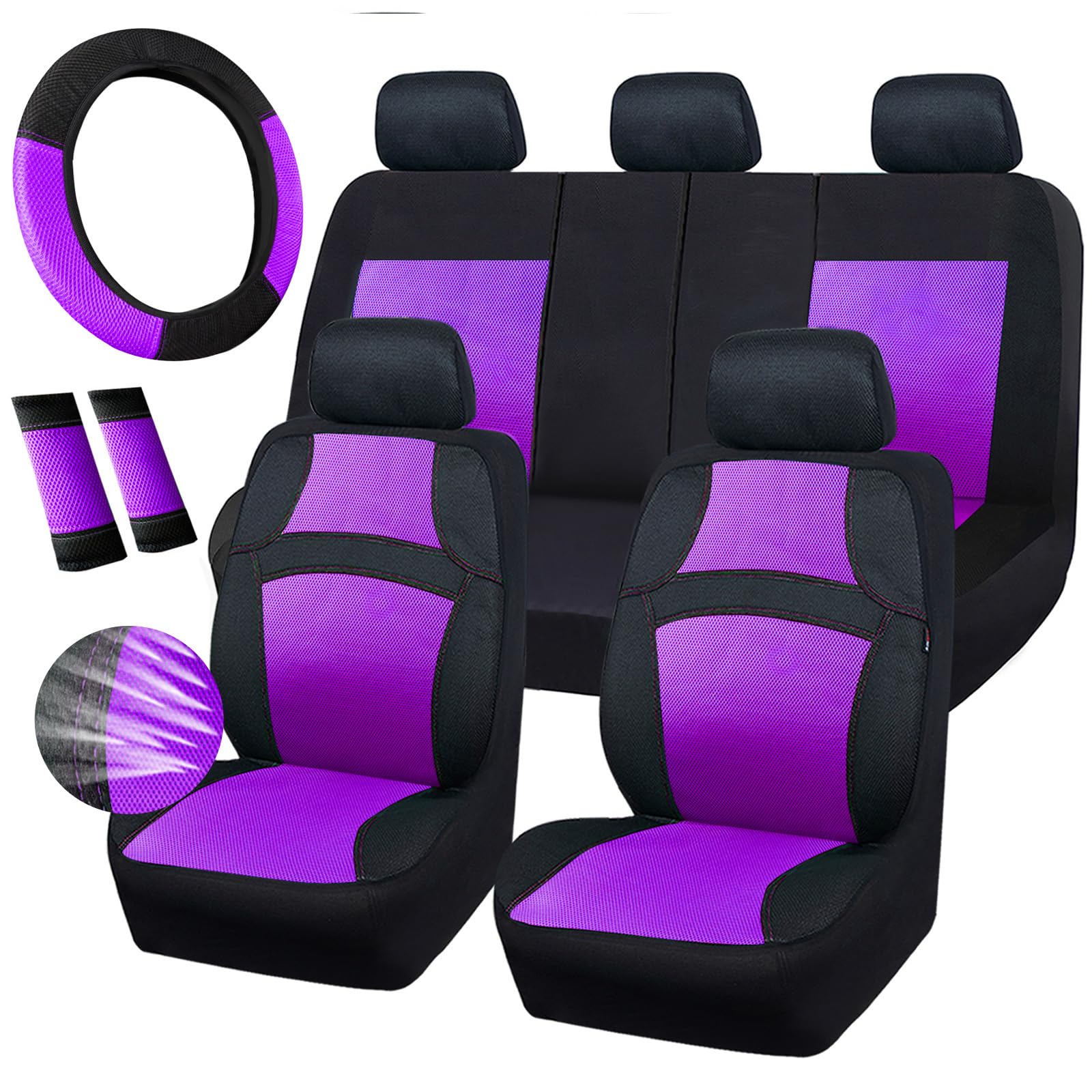 CAR PASS Universal 13PCS 3D Air Mesh-100% Breathable Seat Covers Full Sets, Steering Wheel, Belt Cover Airbag and Rear Split Ben