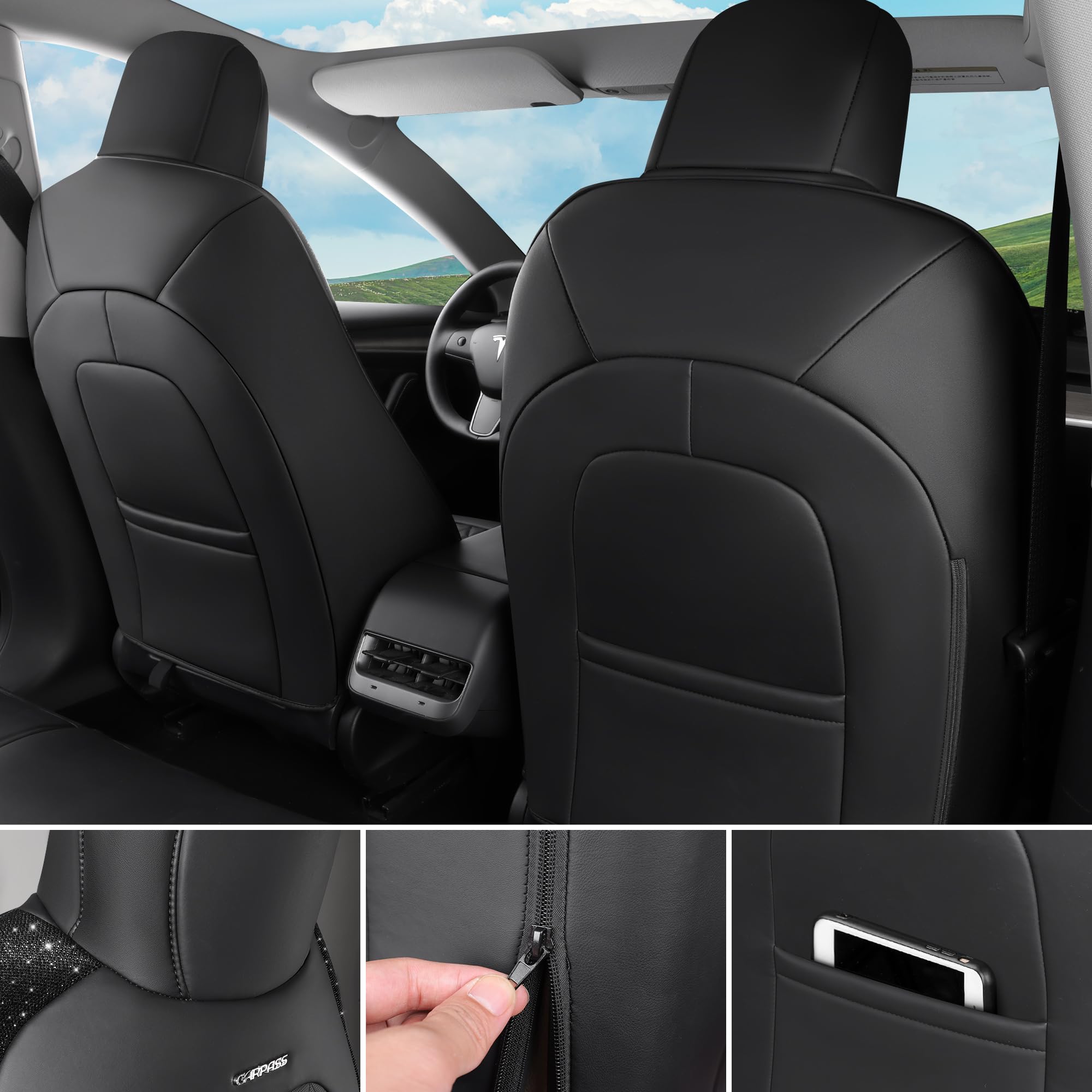 Car Pass Car Seat Covers For Tesla Model 3 Nappa Leather Bling Diamond Car Seat Protector Full Coverage Airbag Compatible Custom