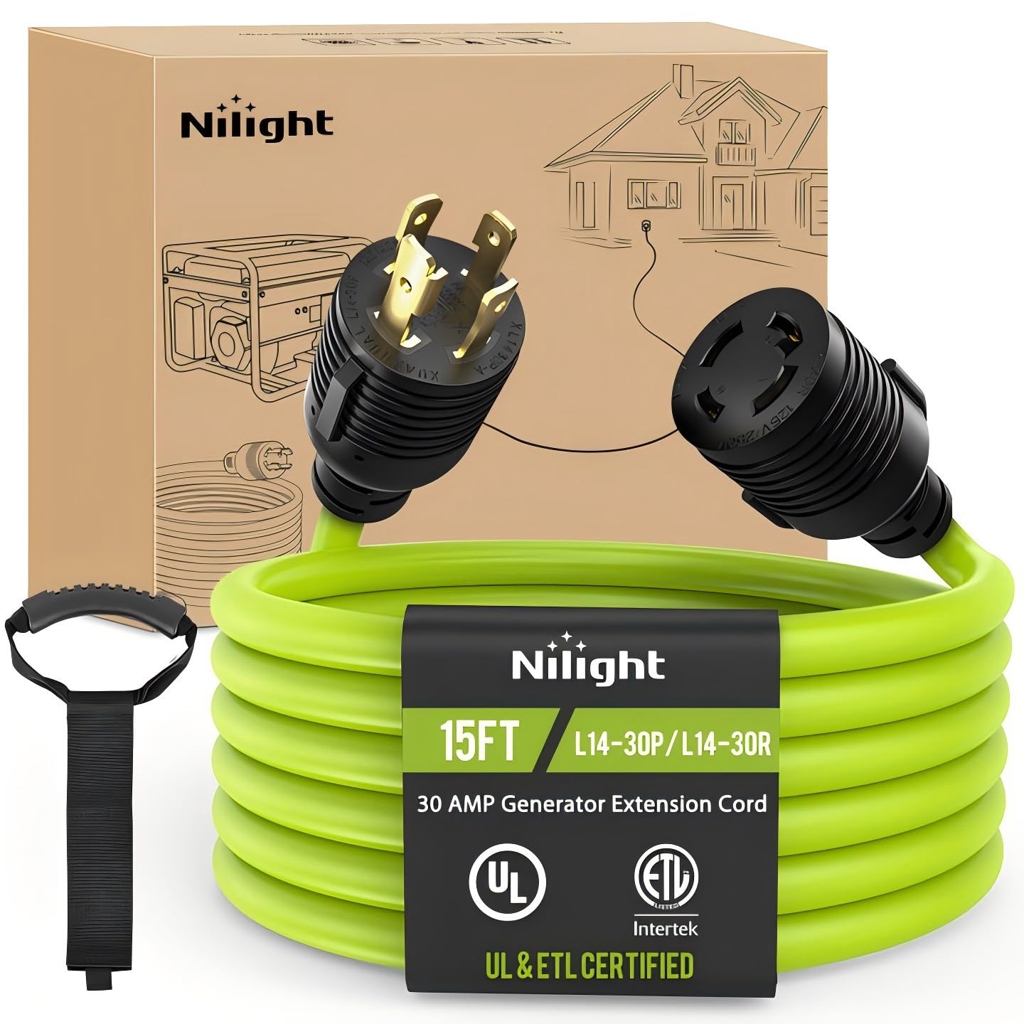 Nilight 15Ft 30Amp Generator Extension Cord 125V Heavy Duty 10/3 Gauge Pure Copper Stw Wire Ul Etl Listed 3 Prong L14-30P L14-30