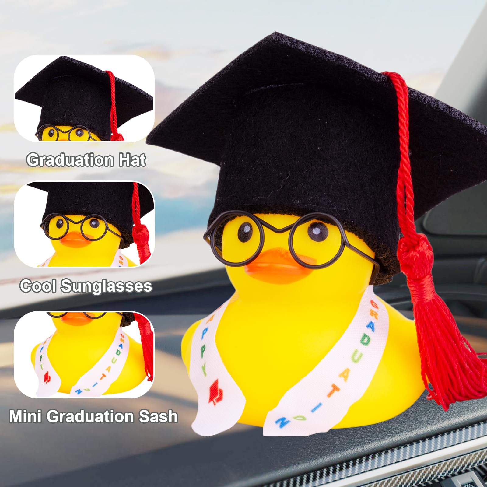 CoFuBcad Graduation Duck Car Ornament, Rubber Duck Car Dashboard Decor with Mini Graduation Hat Sash Sunglasses