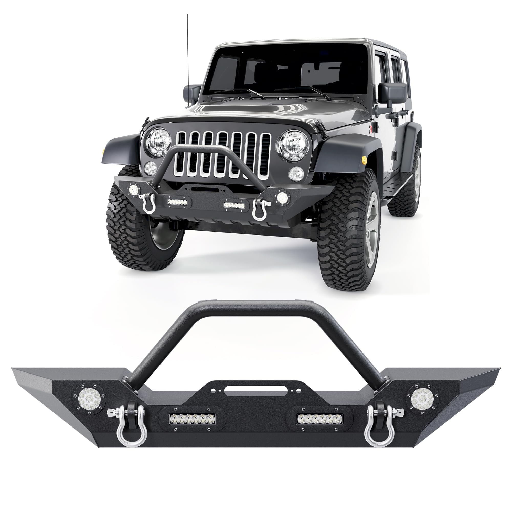 ECOTRIC Front Bumper Compatible with 2007-2022 Jeep Wrangler JK/JKU JL/JLU Gladiator JT With Winch Plate, LED Lights and D-rings