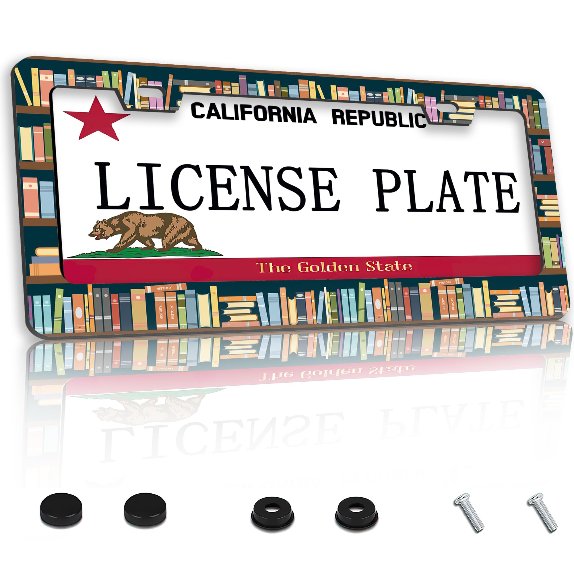 Book License Plate Frames,Bookshelves License Plate Frame Decorative Aluminum Car Tag Cover Frames Stainless Metal License Plate