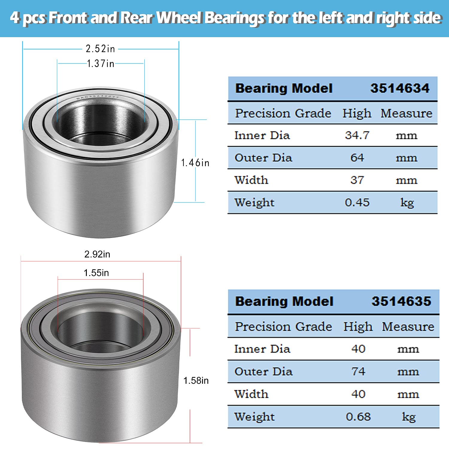 4 Pcs Front And Rear Wheel Bearings For Polaris Ranger 400 500 700 Sportsman 400 450 500 600 700 X2 Ho Eps Xp Efi Replace Oe 3514634 3514635