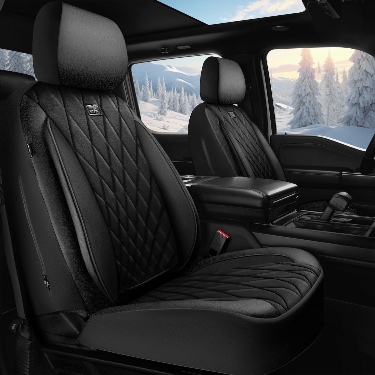 Car Pass Luxury Warm Velvet Leather Car Seat Covers Front Seats, Breathable Soft Premium Faux Leather Front Seat Covers, Armrest