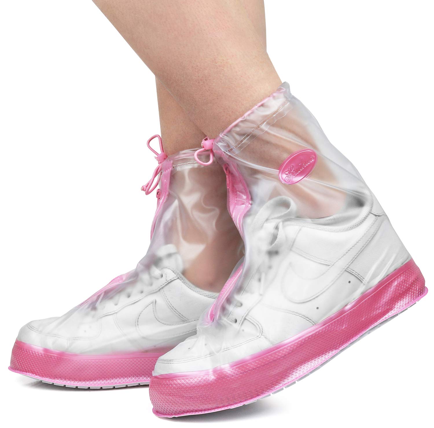 Rain Shoe Covers | Waterproof Shoe Covers for Men Women | Reusable Galoshes Overshoes (Clear/Pink, Medium)