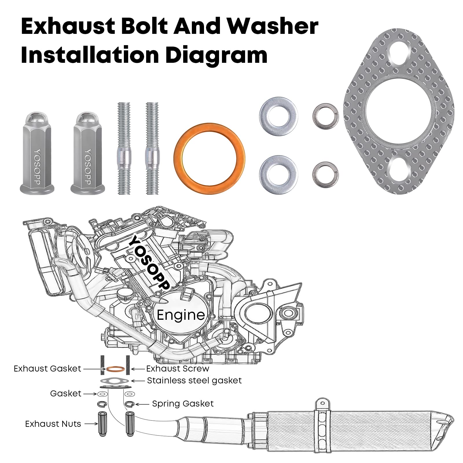 YOSOPP GY6 Exhaust Bolt Nuts Gasket for 50cc 70cc 90cc 110cc 125cc 150cc Scooters ATVs GMB139 Engine Moped Quad 4 Wheeler Dune B
