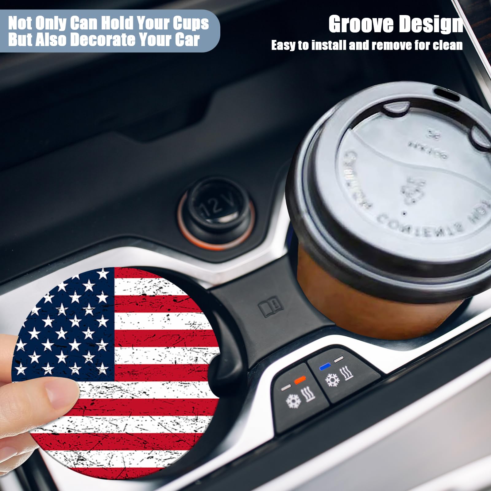 Car Cup Holder Coaster - American Flag Absorbent Ceramic Coaster, Car Coasters for Cup Holders, Auto Accessories for Women & Men