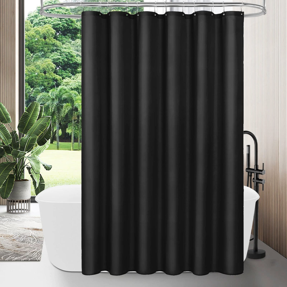 Mitovilla Stall Half Size Shower Curtain Liner, 36 X 72 Inch Fabric Bath Curtain Liner For Modern Hotel, Black Shower Liners With Plastic Hooks, Washable & Water Repellent