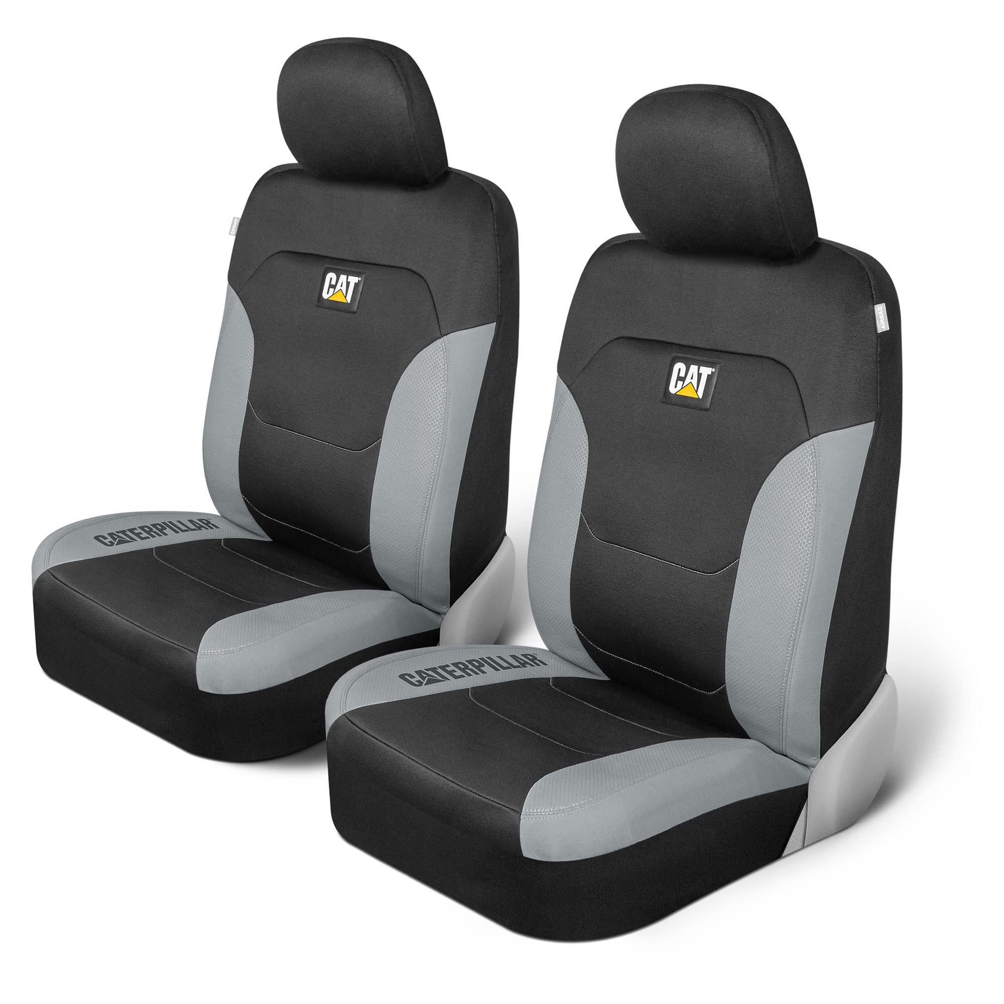 Caterpillar Flexfit Automotive Seat Covers for Cars Trucks and SUVs (Set of 2) - Black Seat Covers for Front Seats, Seat Protectors with Gray Honeycomb Trim, Auto Interior Covers