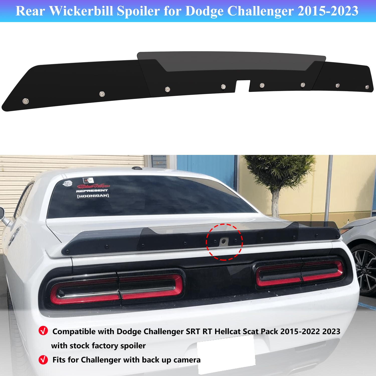 Bonbo Rear Wickerbill Spoiler Fits For Dodge Challenger 2015-2022 2023 Srt Rt Hellcat Scat Pack With Back Up Camera, 2-Piece Rear Wicker Bill Spoiler Add-On Type Includes Rivnut Tool
