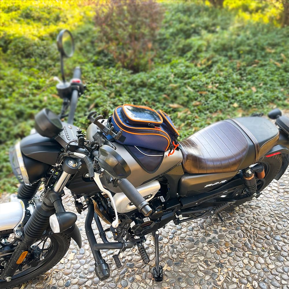 Reygeak Motorcycle Tank Bag,Waterproof, With Super Magnetic Thickened Magnet Blue Orange 1680D Pvc Petrol Tank Bag, Large Window