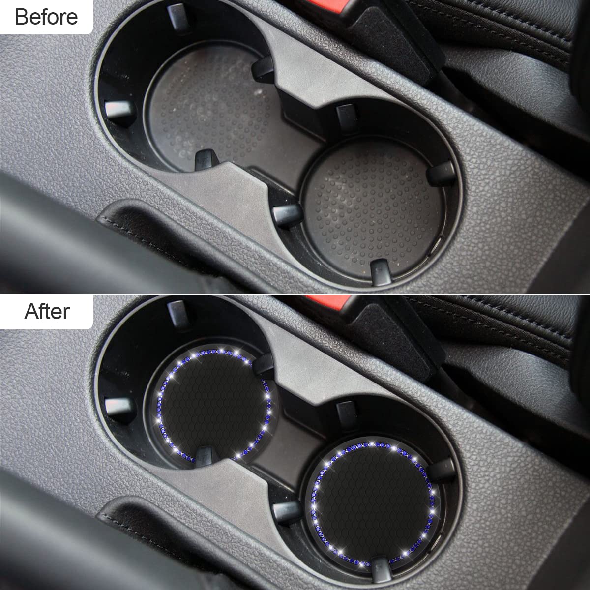 Car Cup Holder Coaster, 2 Pcs Universal Bling Crystal Rhinestone Car Accessories 2.75 Inch Auto Anti Slip Cup Holder Insert Mat Pad Set,Suitable For Most Car Interior (Black/Deep Blue)