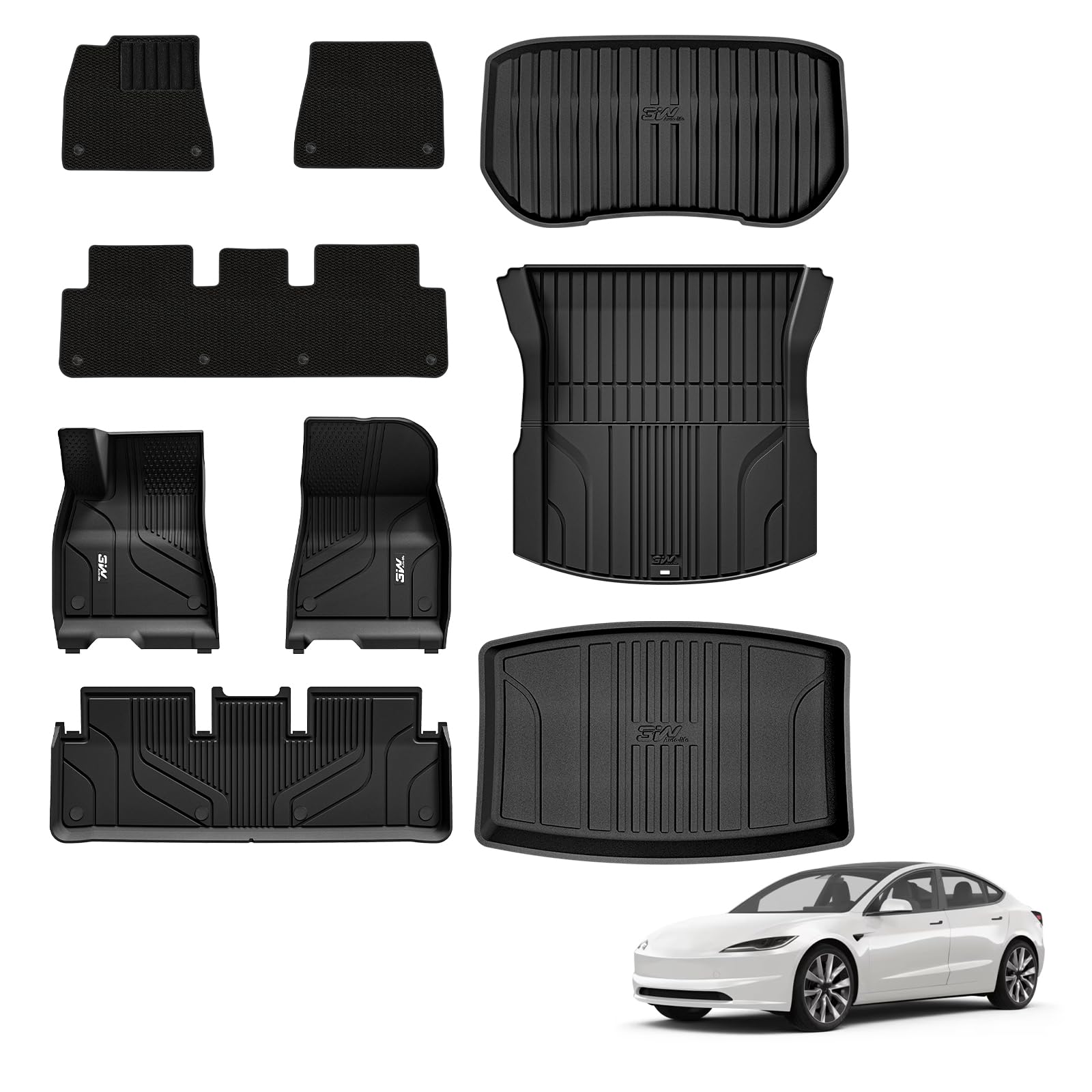 3W Floor Mats With Carpets For Tesla Model 3 2024 Trunk Cargo Liner, All-Weather Tpe Full Set Floor Liners And Cargo Liner Mats
