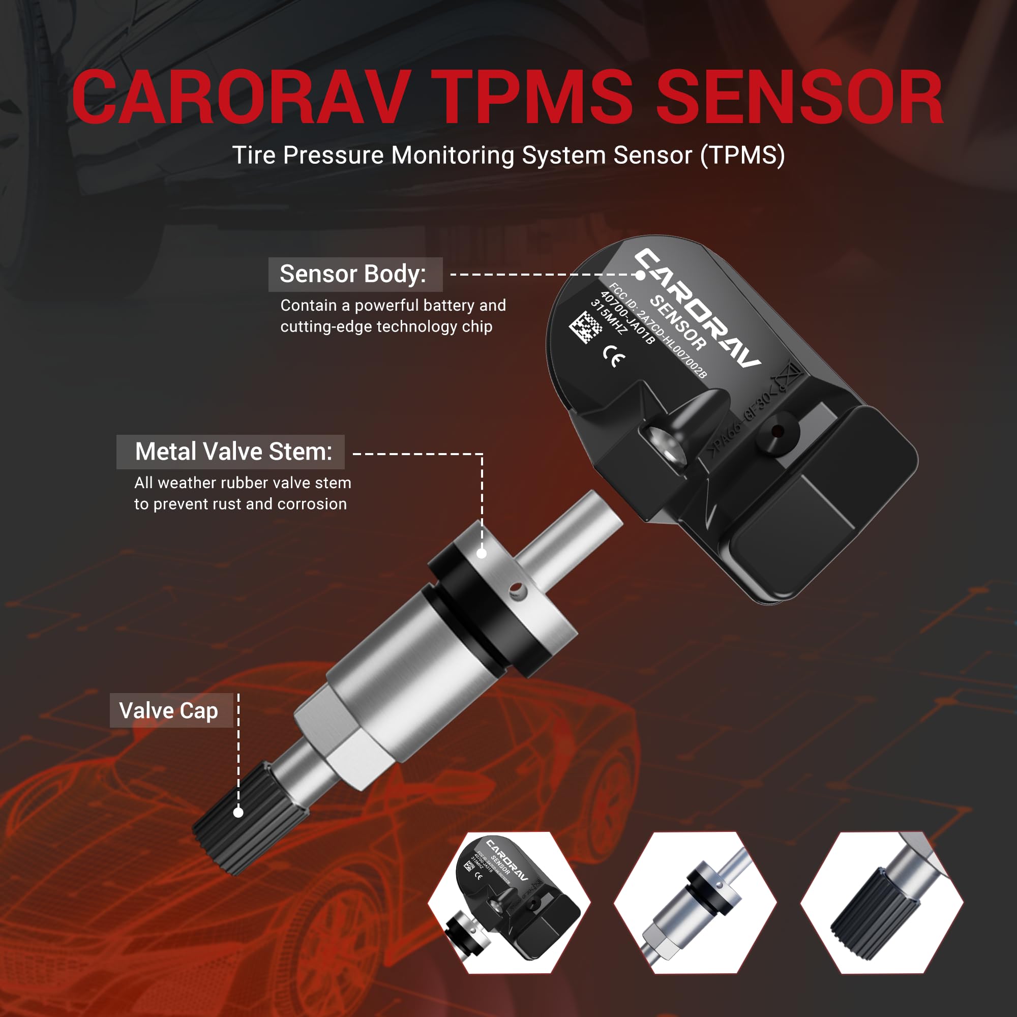 CARORAV 4-Pack Tire Pressure Monitoring System Sensor TPMS Compatible for Nissan 350z Altima Versa Infiniti, 315MHz TPMS Sensor