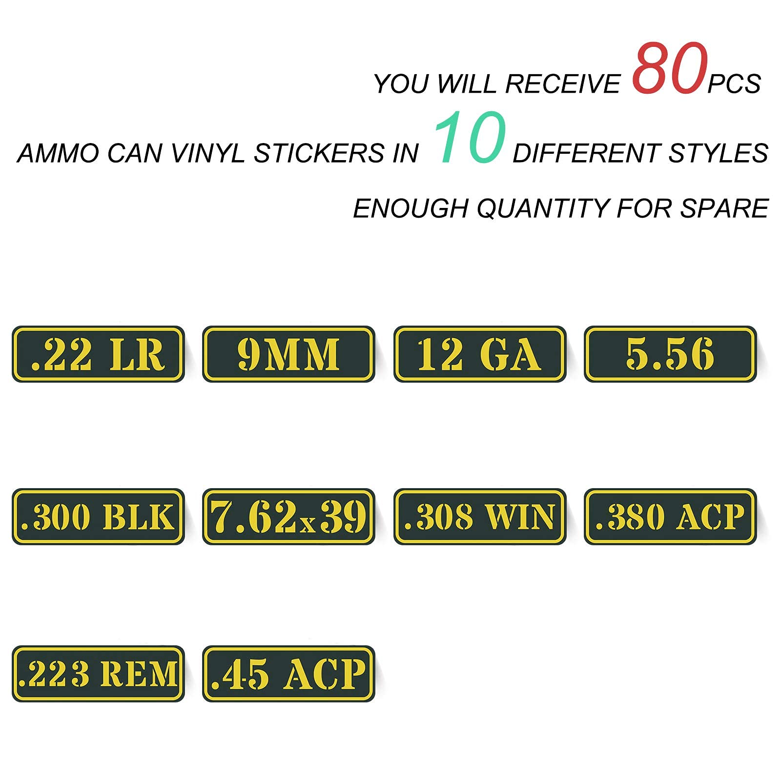 Ammo Can Vinyl Sticker Set Decal Label .22 .223 .308 9Mm .380 .45 5.56 7.62 12Ga 300Blk (80 Pack/10 Varieties) Choose Your Version