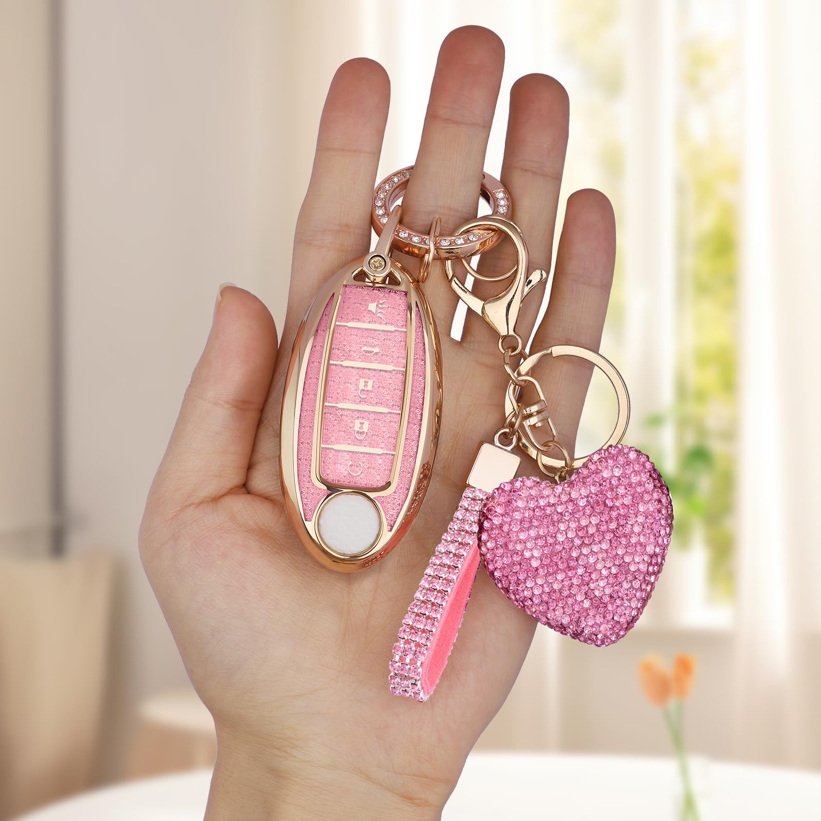 Meruns Compatiable with Nissan 5 Buttons key fob cover with Diamond Bling Keychain, Car Accessories Keys Shell TPU for Altima Se