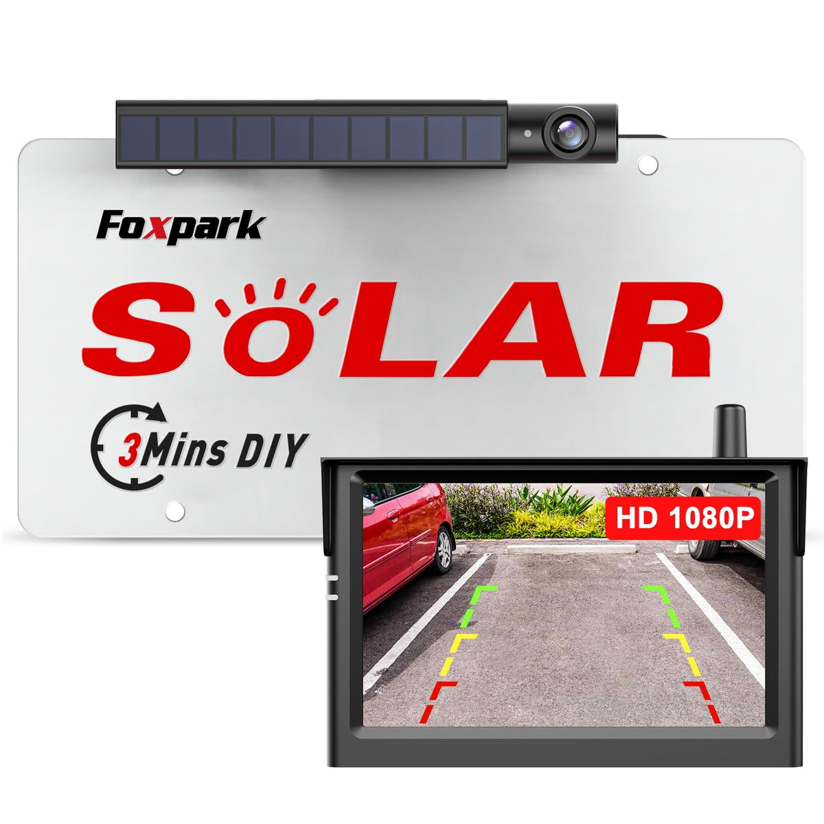 Foxpark Solar Wireless Backup Camera, 3Mins Diy Installation, 1080P Battery Powered Car Back Up Camera System, Support 2 Channel