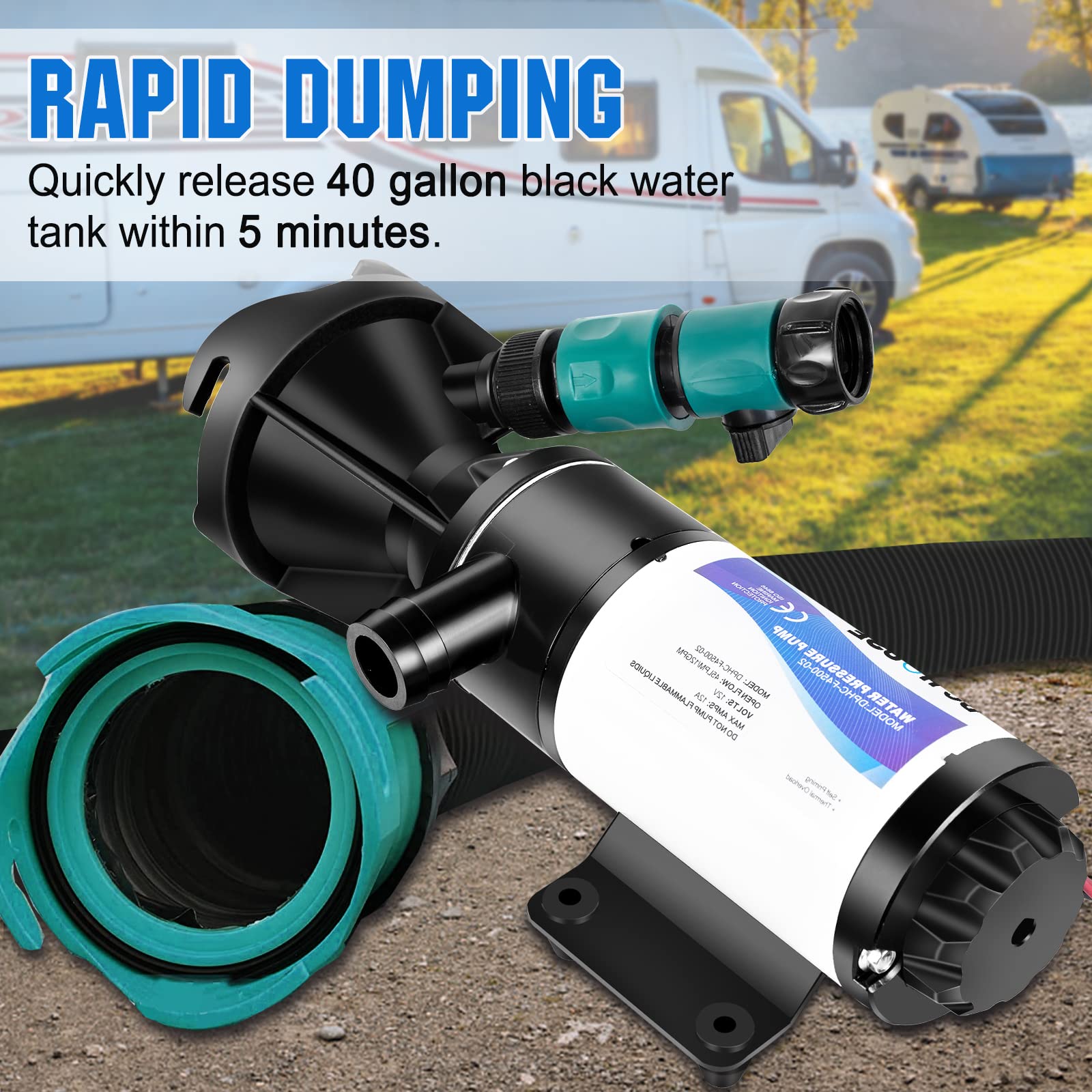 Dc House Rv Macerator Pump 12V 12 Gpm, Portable Waste Water Pump With Garden Hose Discharge Port, Quick Release Sewage Pump For