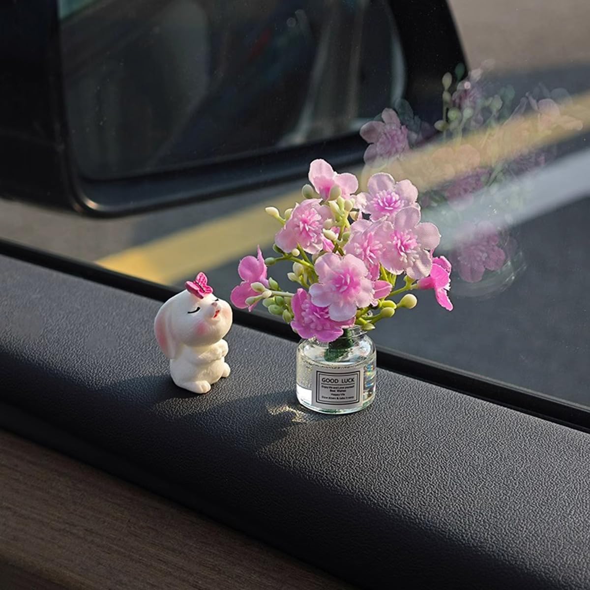 Generic Set Of 2 Cute Mini Bunny And Peach Blossom In Flower Vase Car Rearview Mirror Ornaments Funny Dashboard Decorations Kawa