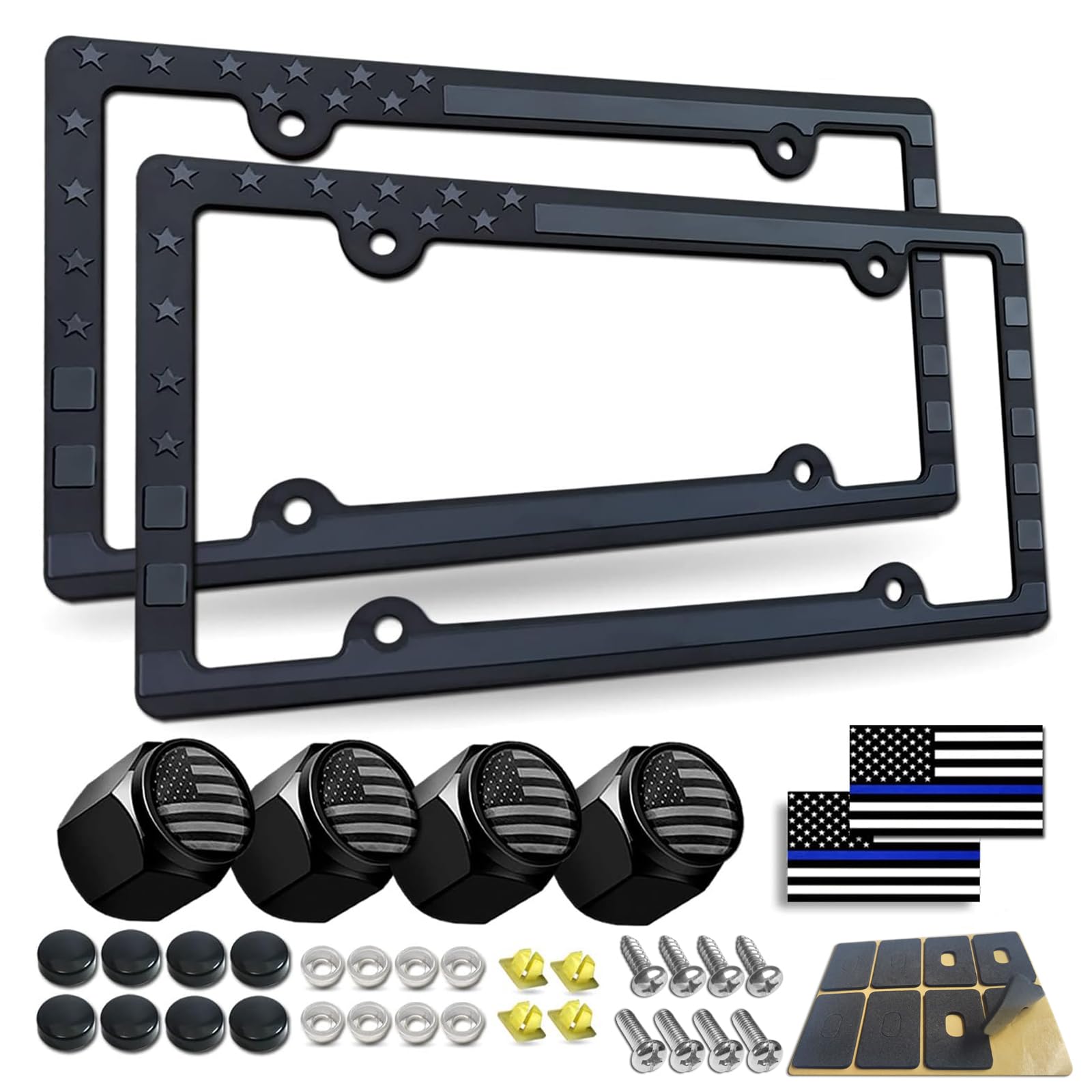 Bggtmo American Flag License Plate Frames- Patriotic Usa Stars And Stripes Plastic Car Tag Holder Cover (Gloss On Matte Black) W